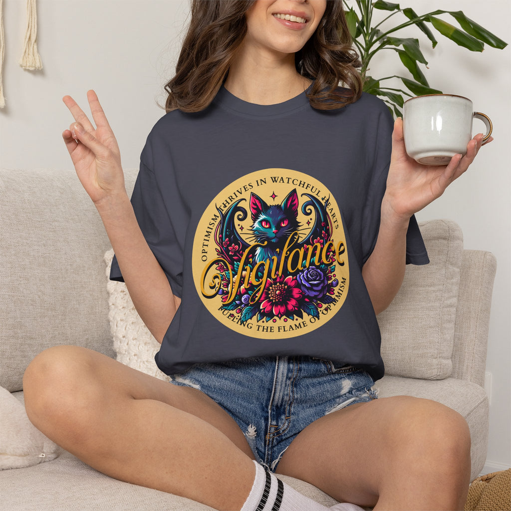 Vigilance Cat Graphic T-Shirt — Retro Floral Crest Tee