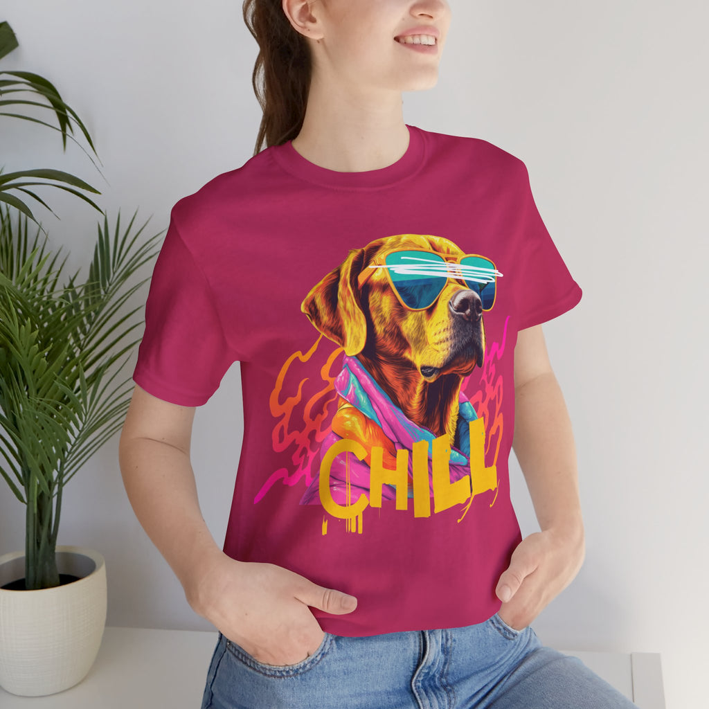 Chill Sunglasses Dog Tee — Retro Neon “CHILL” Graphic T-Shirt