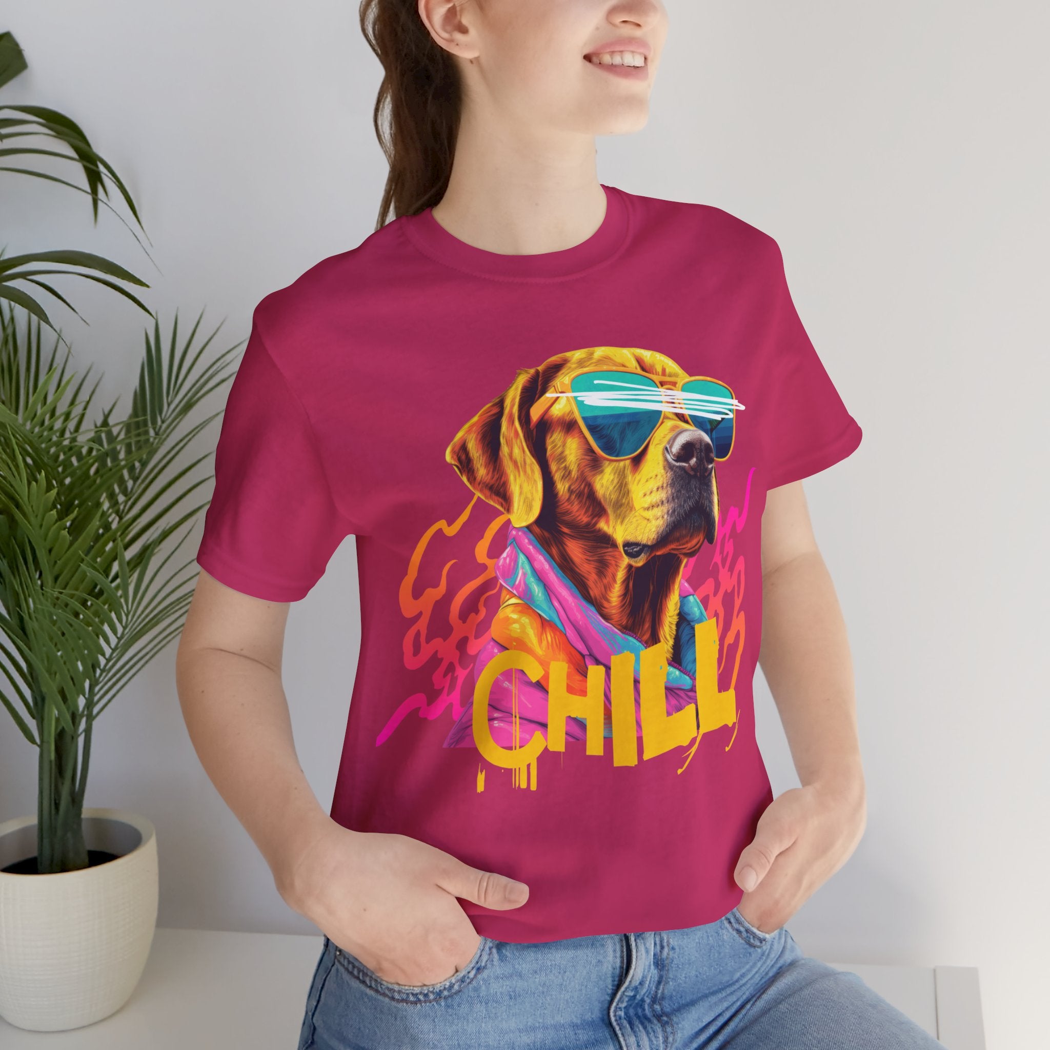 Chill Sunglasses Dog Tee — Retro Neon “CHILL” Graphic T-Shirt