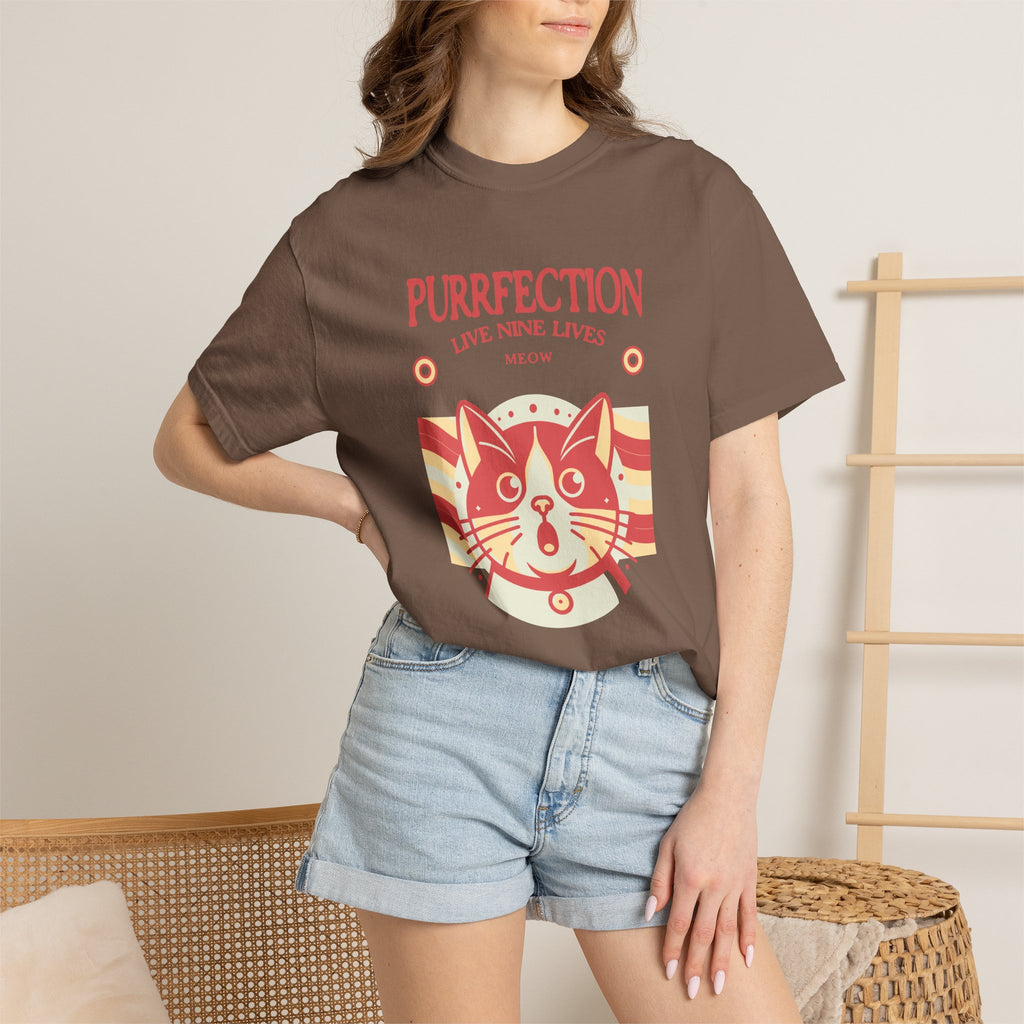 Purrfection Cat T-Shirt — "Purrfection Lives Nine Lives" Retro Cat Graphic Tee