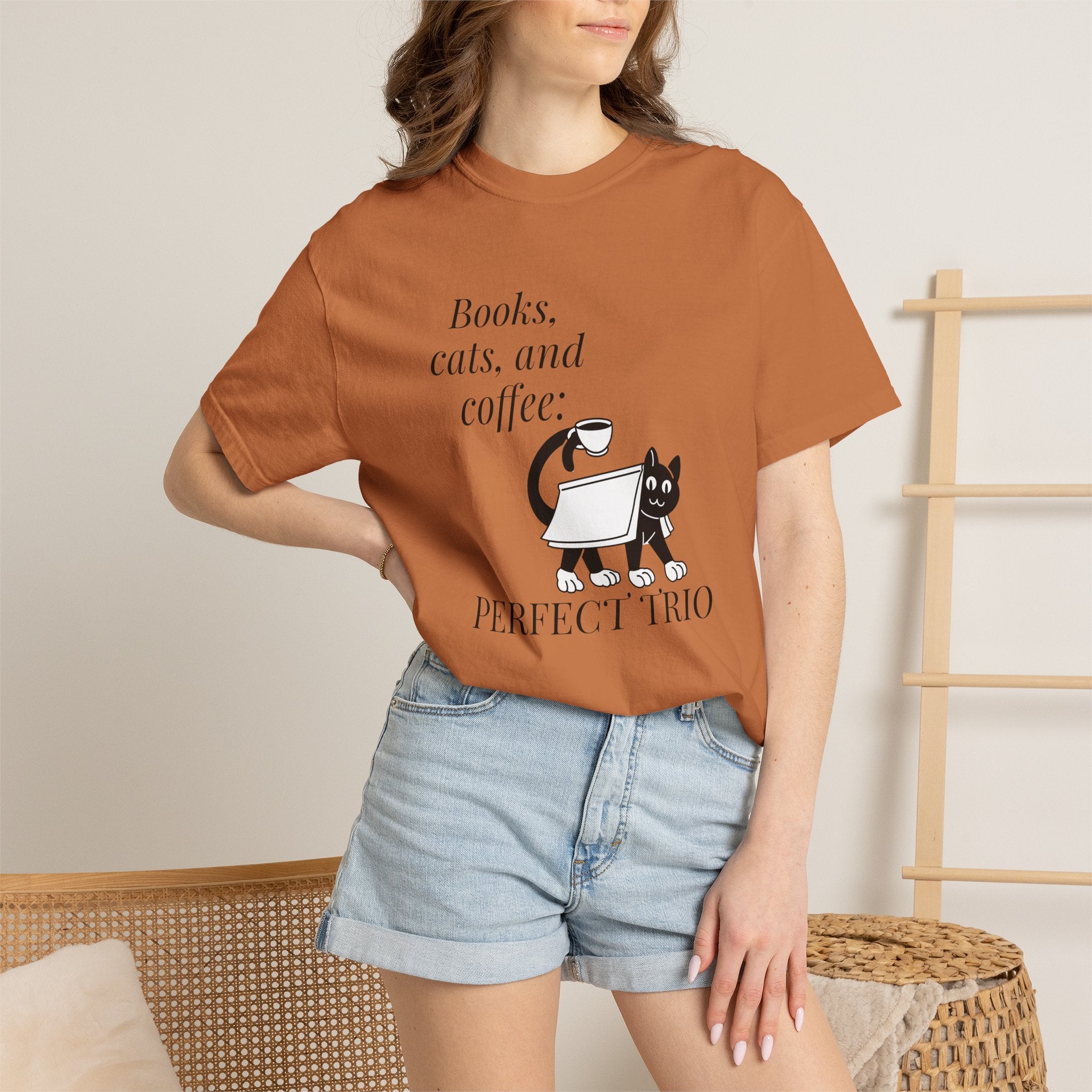 Books, Cats, and Coffee T-Shirt — "Perfect Trio" Cozy Reader Tee