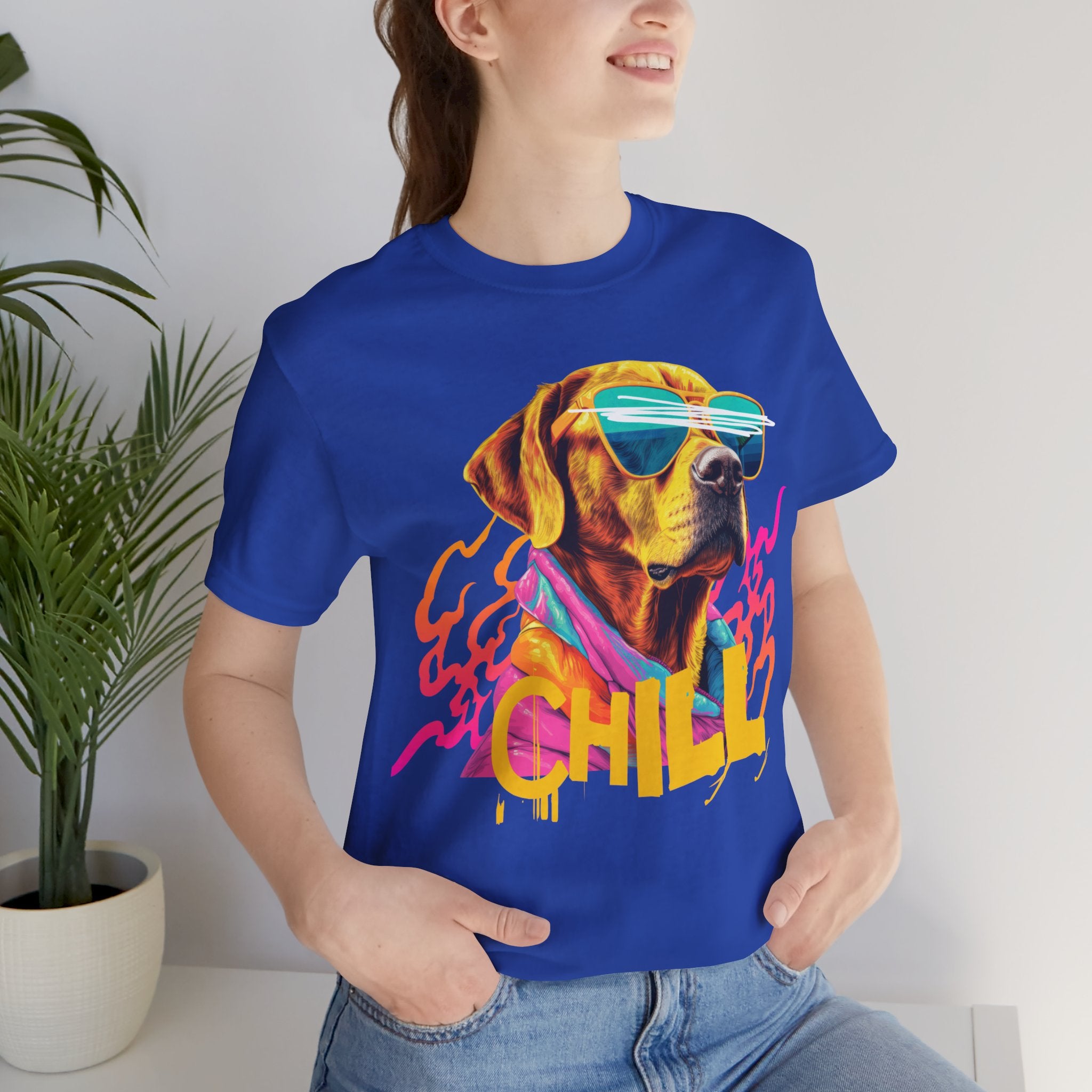 Chill Sunglasses Dog Tee — Retro Neon “CHILL” Graphic T-Shirt