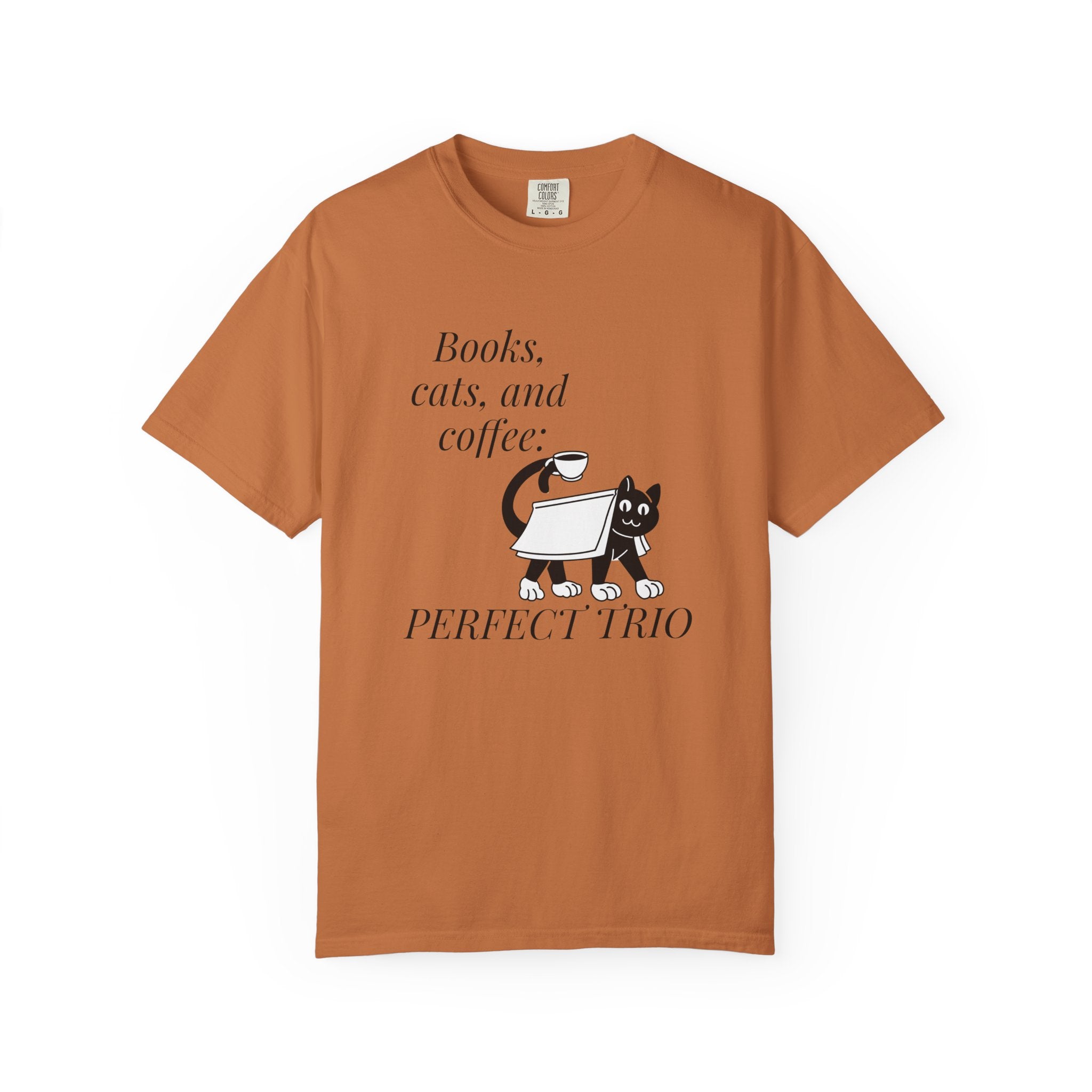 Books, Cats, and Coffee T-Shirt — "Perfect Trio" Cozy Reader Tee