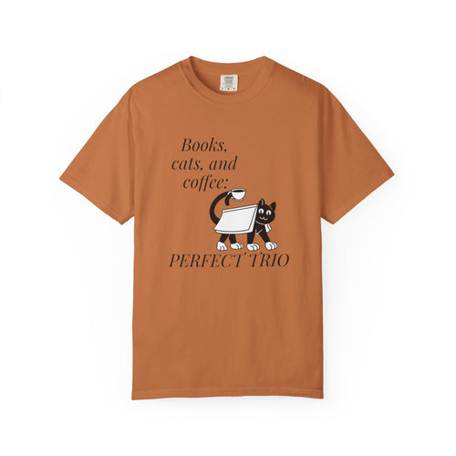 Books, Cats, and Coffee T-Shirt — "Perfect Trio" Cozy Reader Tee