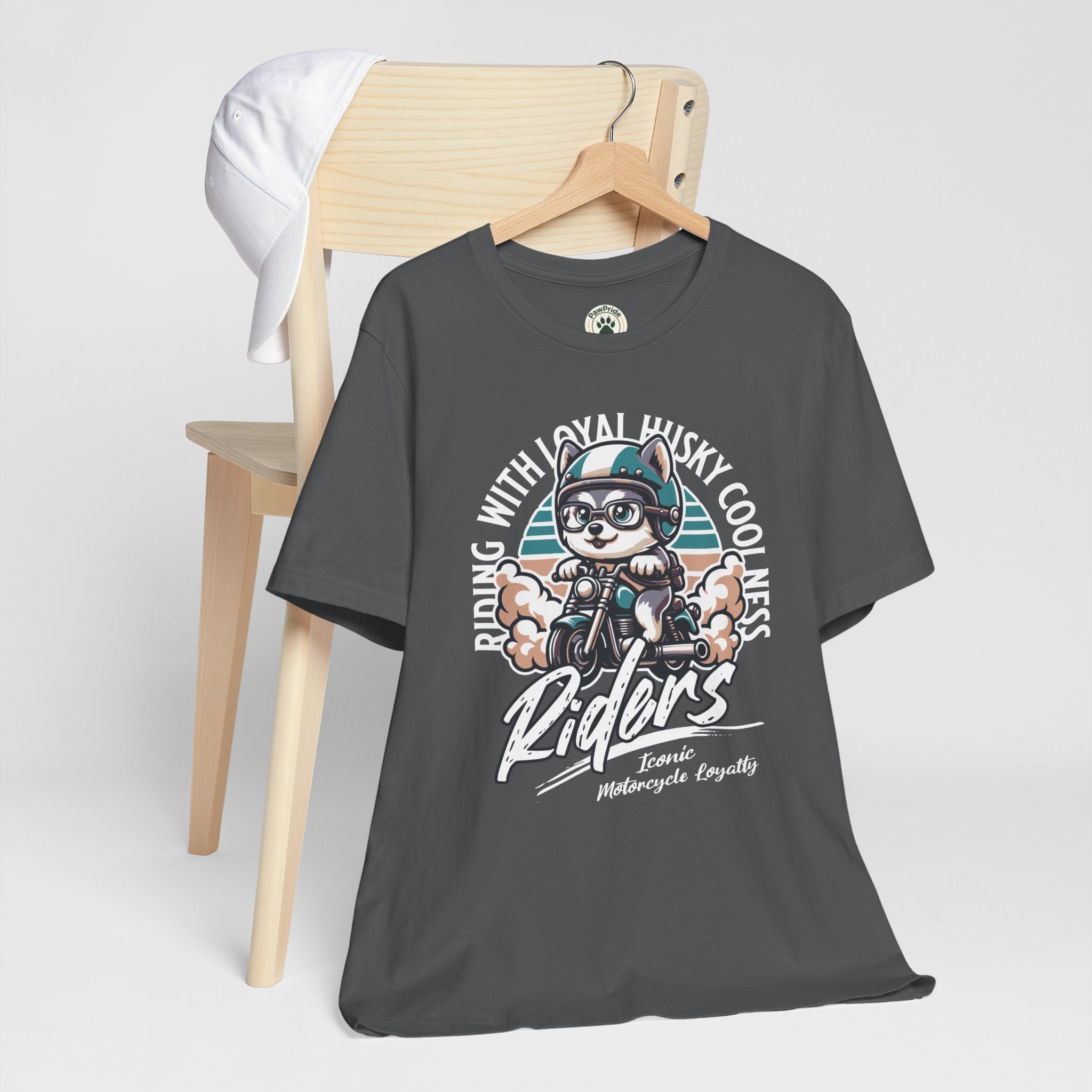 Riders Cat Motorcycle Tee — "Riding With Loyal Husky Coolness" Graphic Shirt