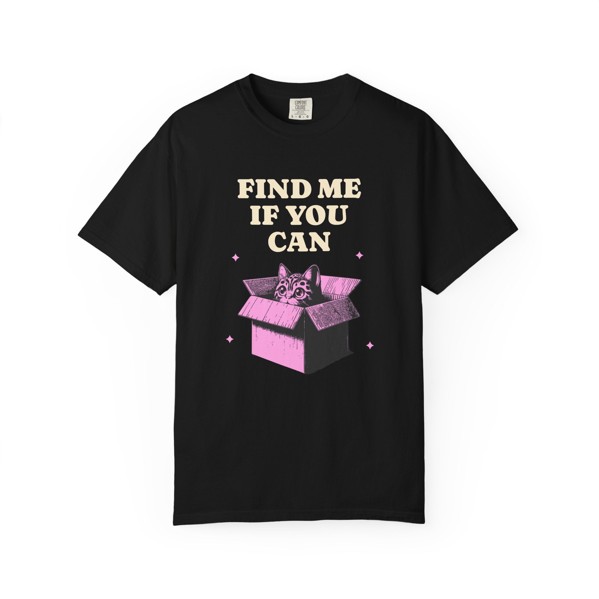 Find Me If You Can Cat T-Shirt — Playful Cat in Box Graphic Tee