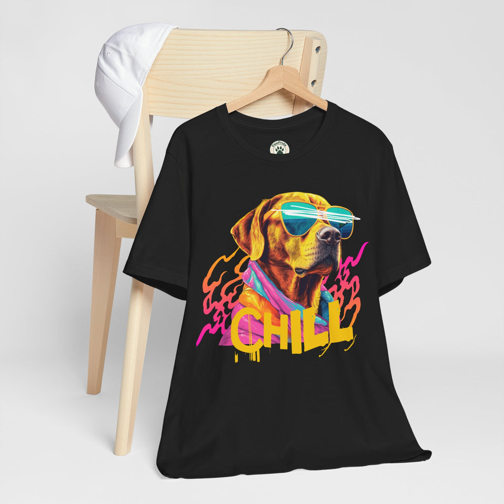 Chill Sunglasses Dog Tee — Retro Neon “CHILL” Graphic T-Shirt