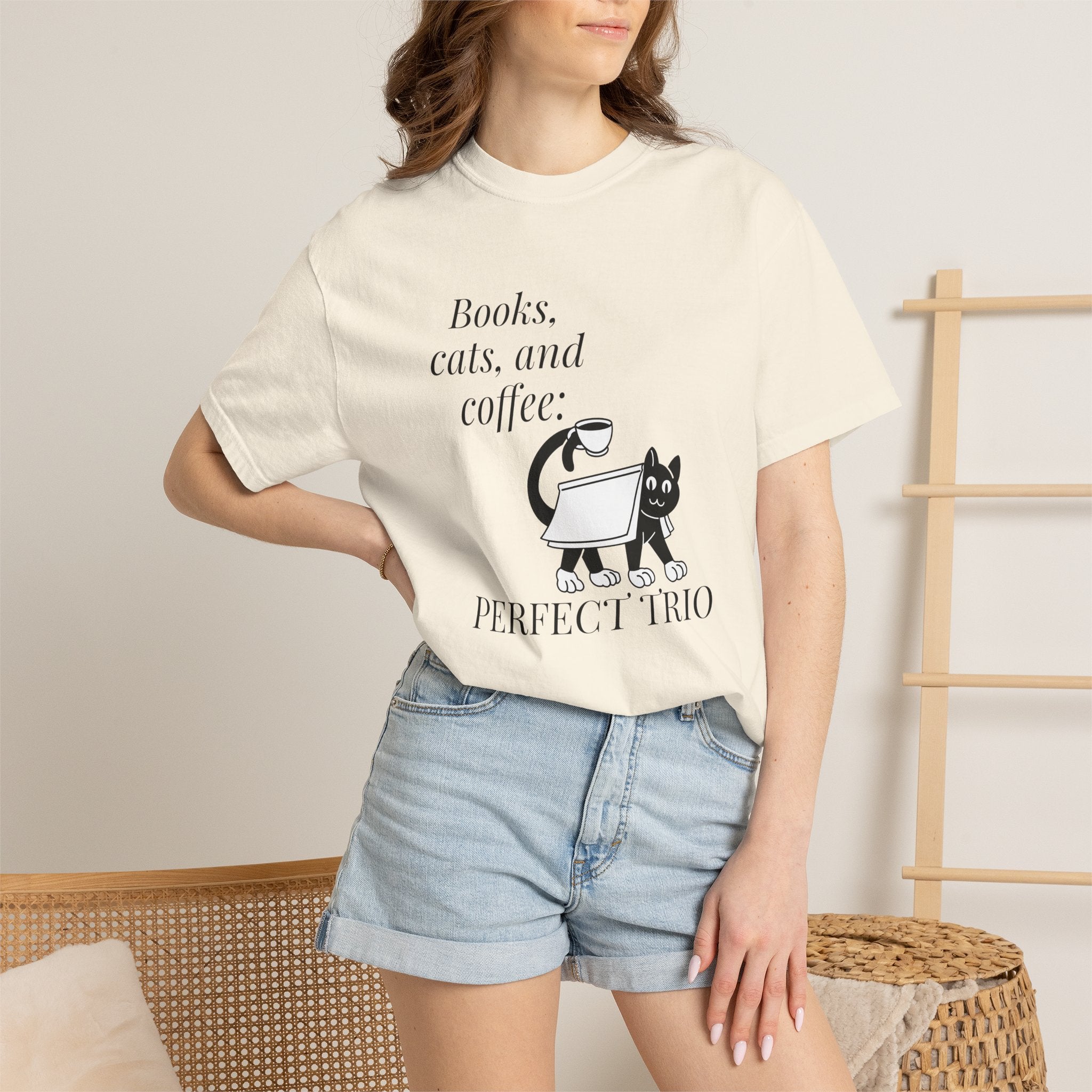 Books, Cats, and Coffee T-Shirt — "Perfect Trio" Cozy Reader Tee