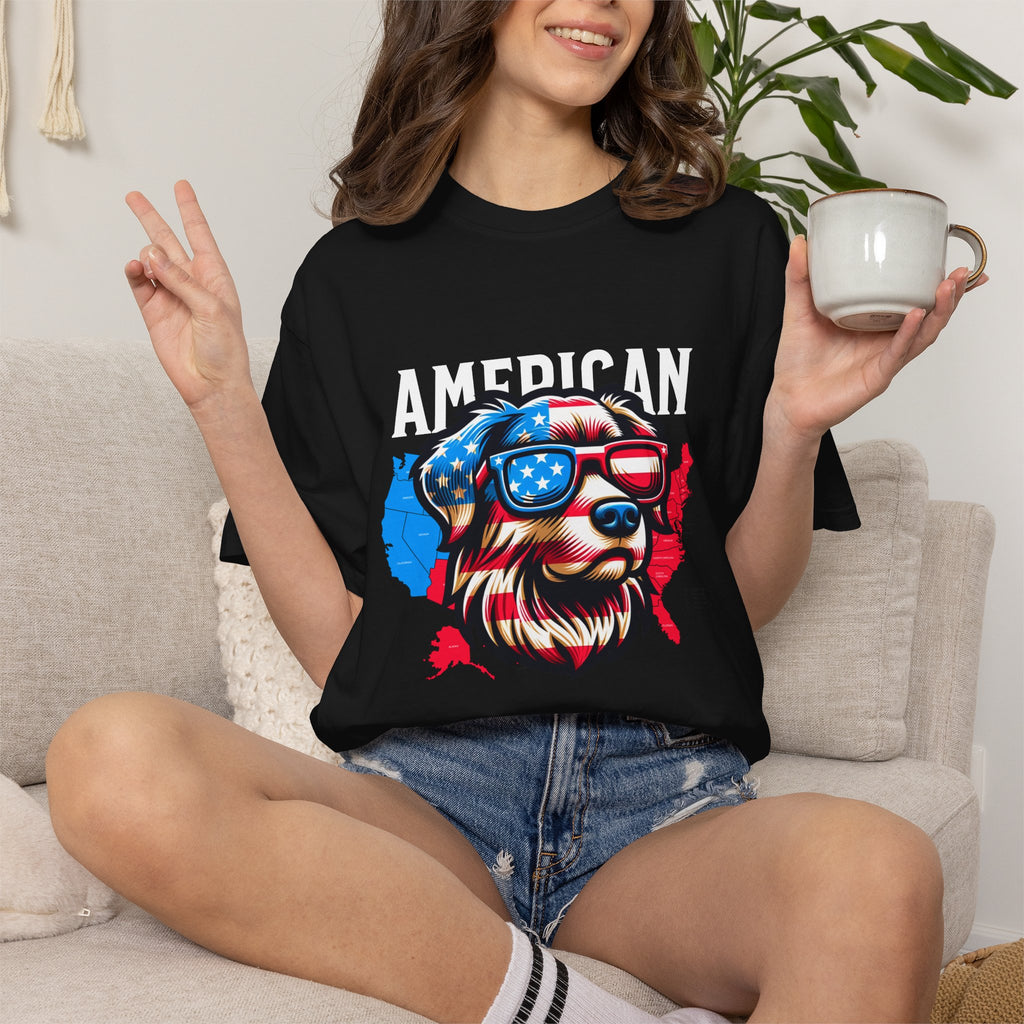 American Dog Graphic T-Shirt — Patriotic Sunglasses USA Crew Tee