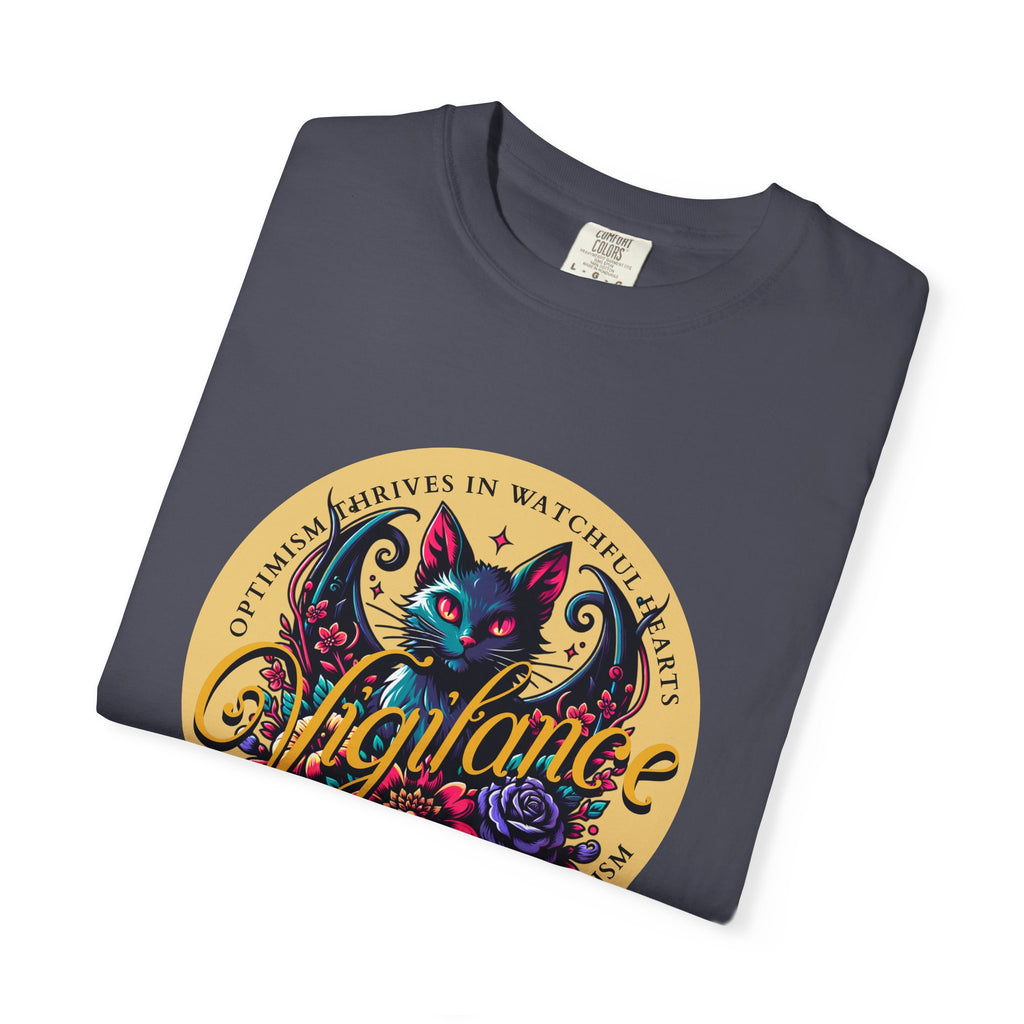 Vigilance Cat Graphic T-Shirt — Retro Floral Crest Tee