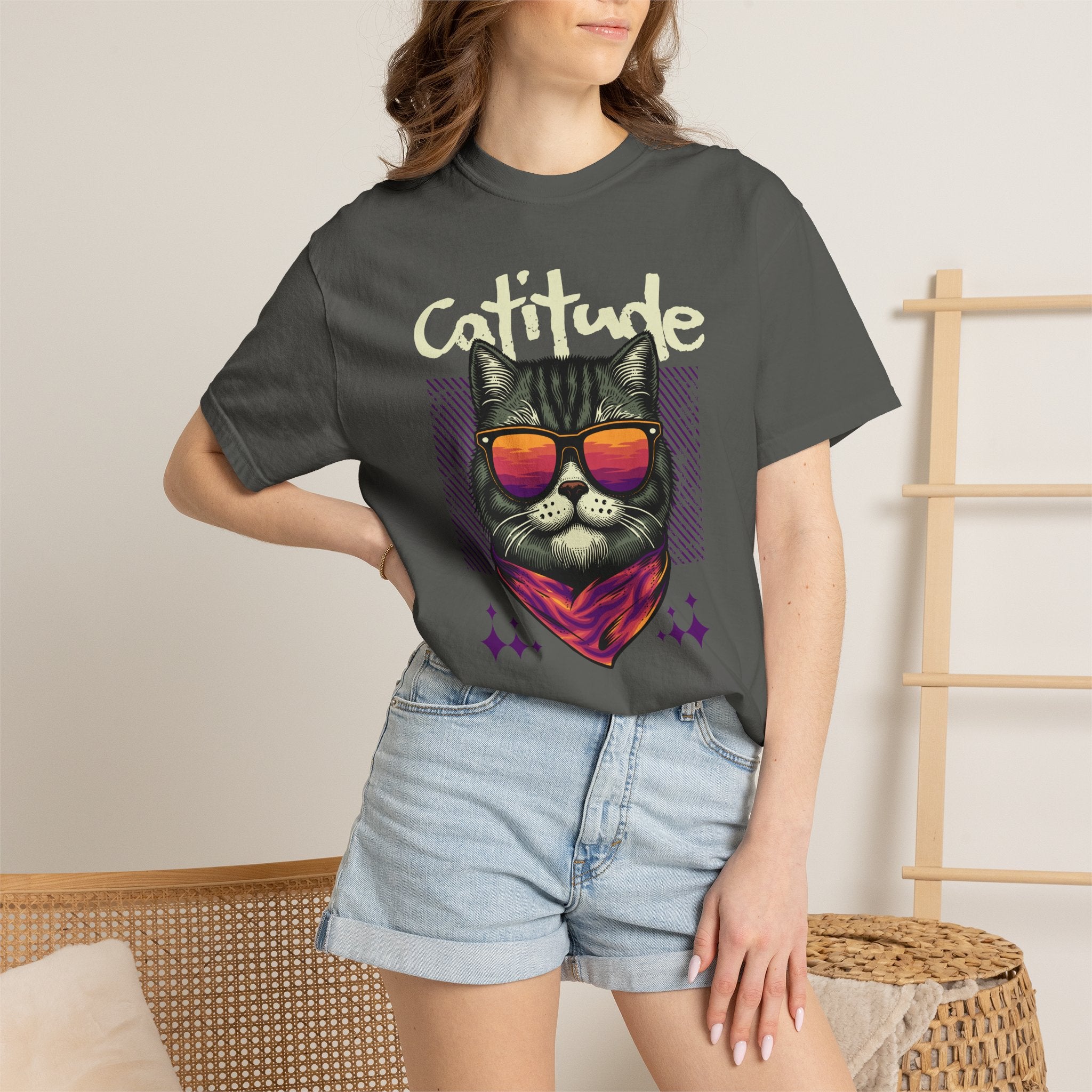Cattitude Cat Tee — Retro Sunglasses & Bandana Graphic T-Shirt