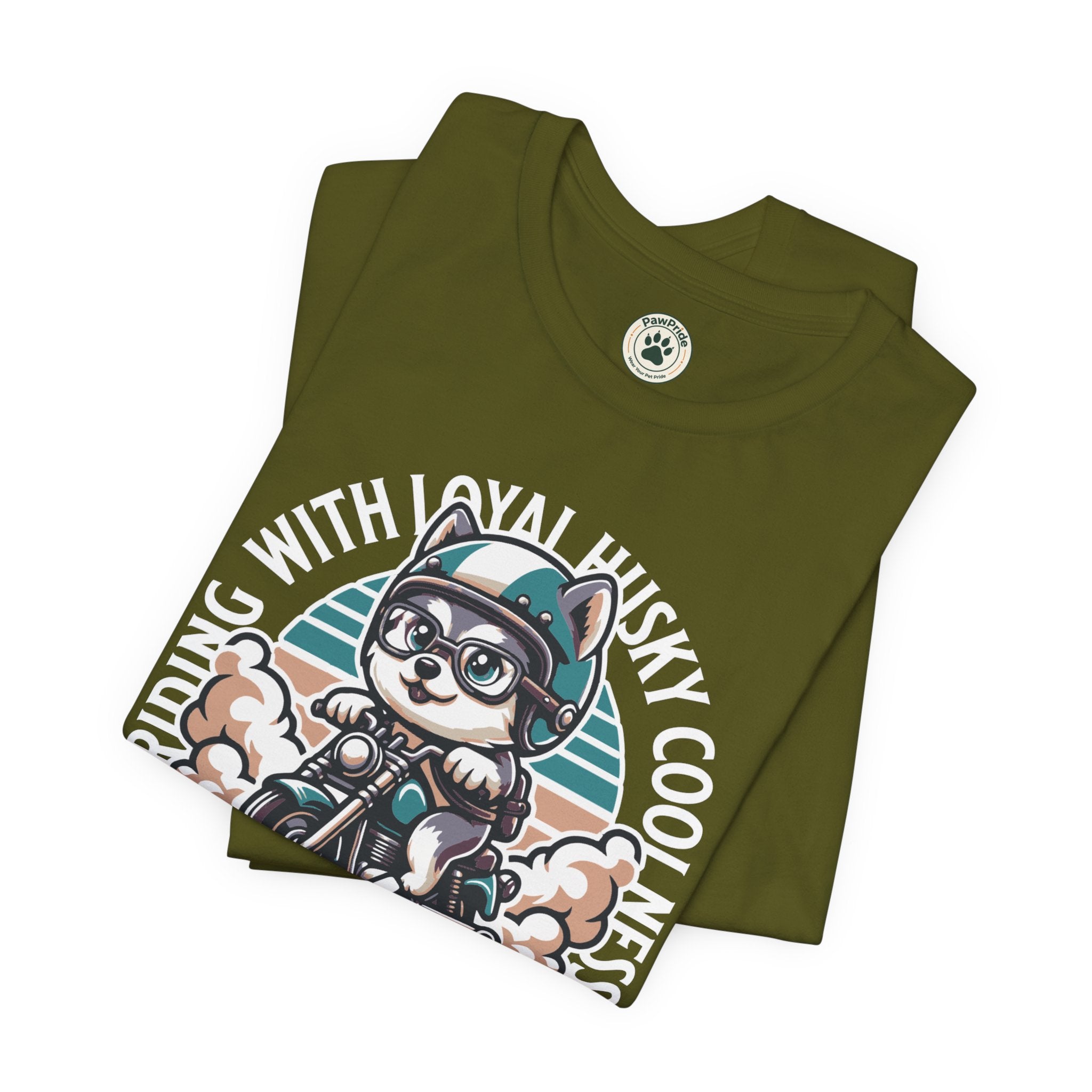 Riders Cat Motorcycle Tee — "Riding With Loyal Husky Coolness" Graphic Shirt