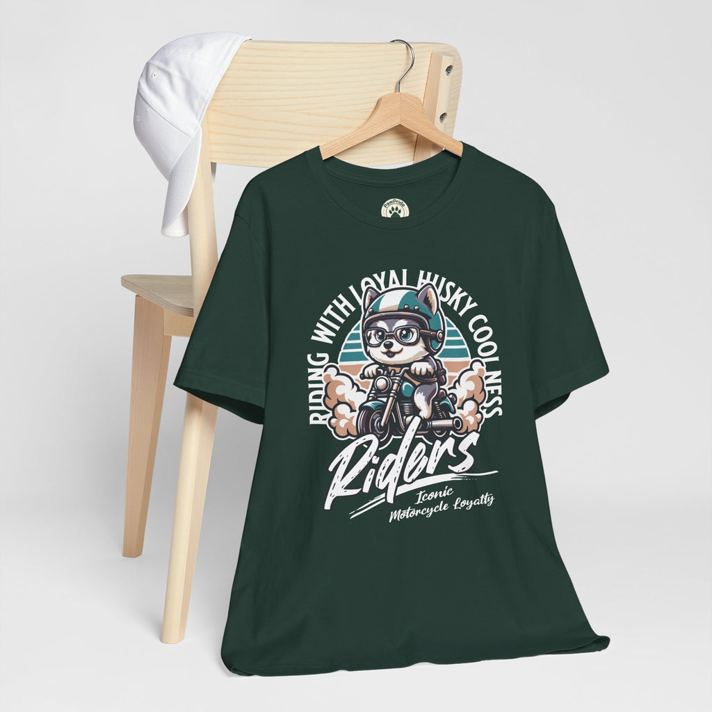 Riders Cat Motorcycle Tee — "Riding With Loyal Husky Coolness" Graphic Shirt
