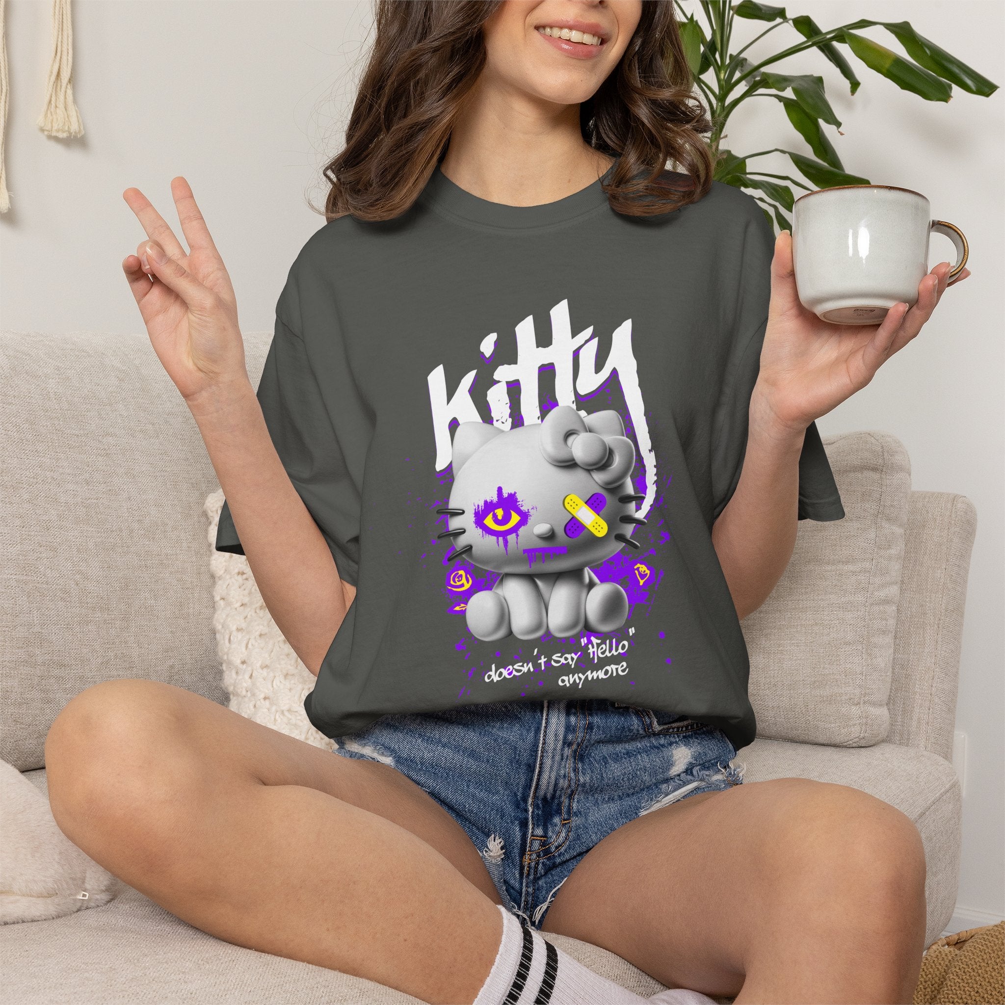 Kitty Cute Punk T-Shirt — 'doesn't say hello' Garment-Dyed Tee