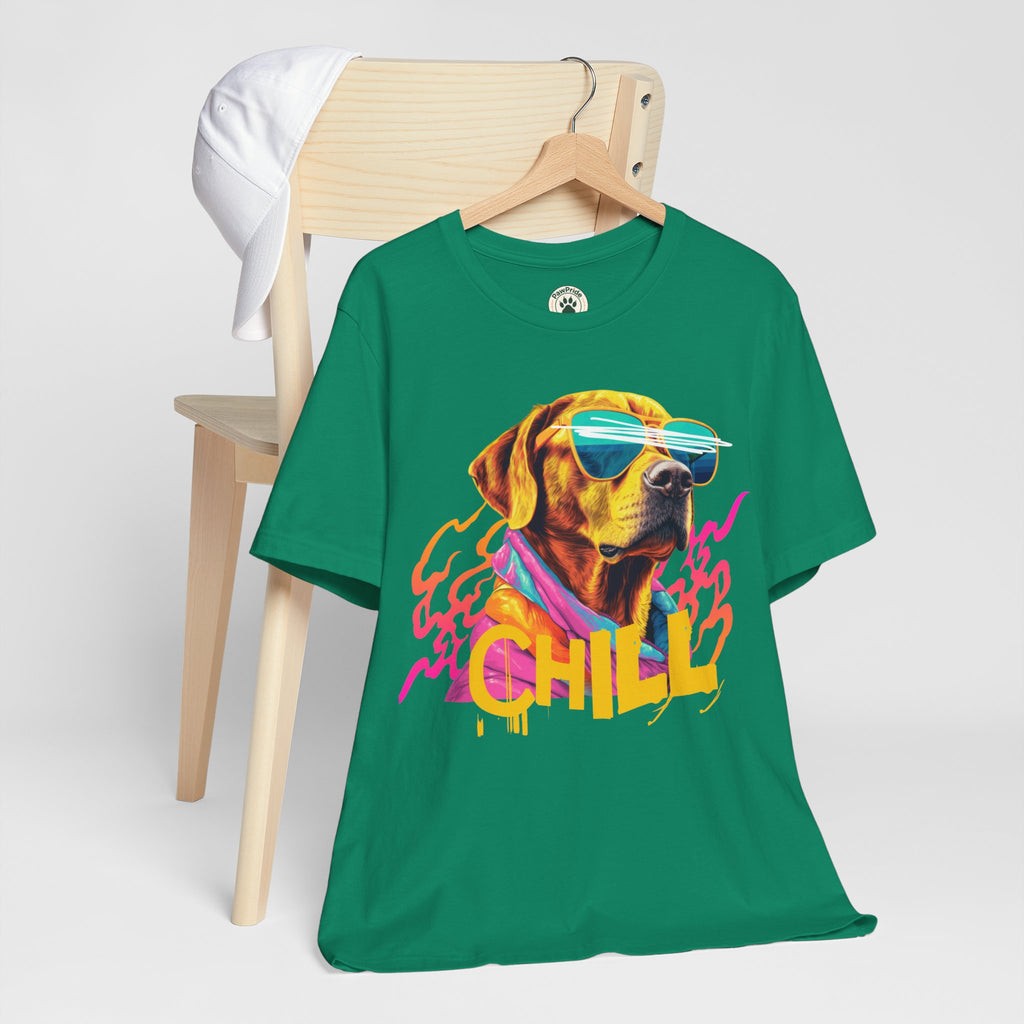 Chill Sunglasses Dog Tee — Retro Neon “CHILL” Graphic T-Shirt