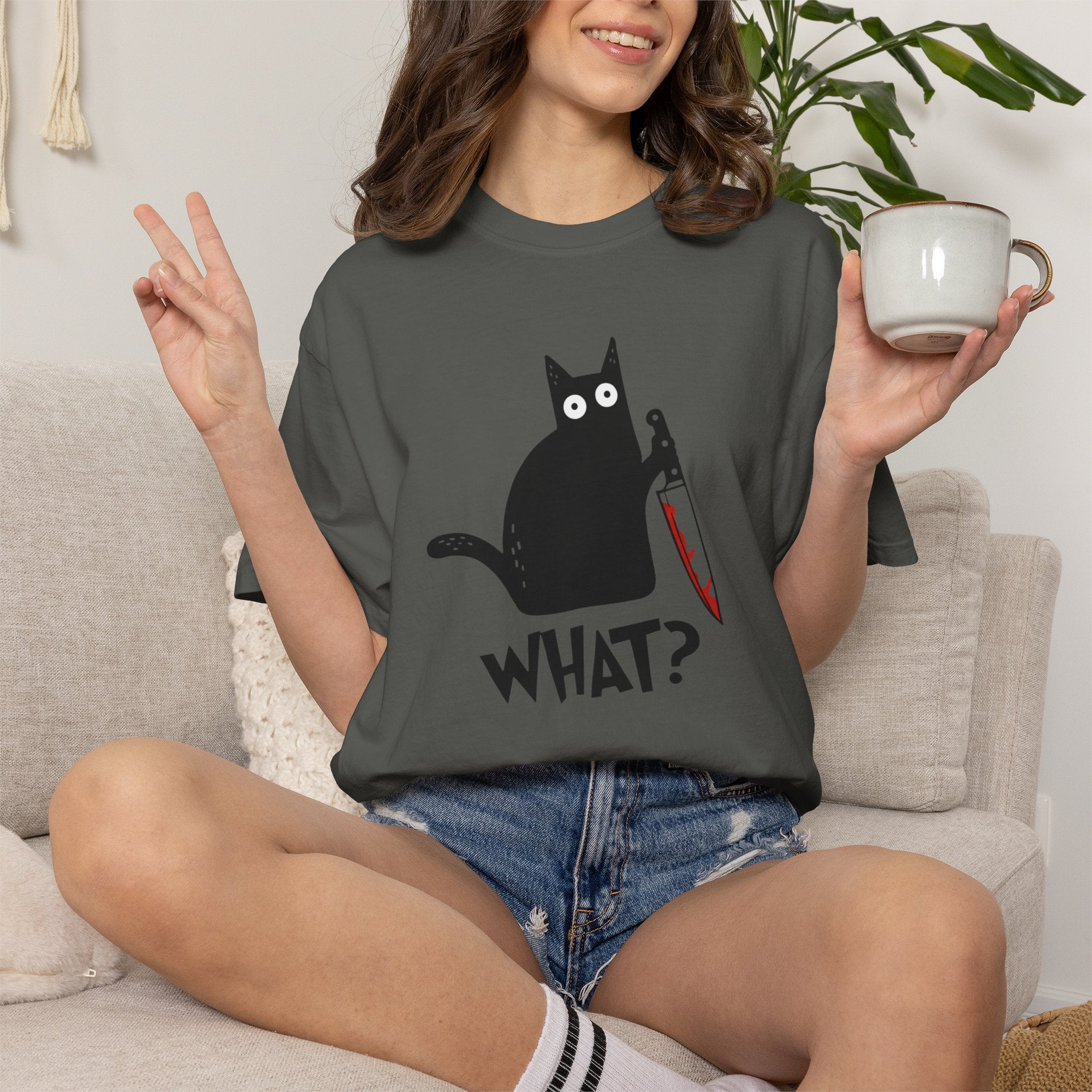 Funny Cat Holding Knife T-Shirt — "What?" Graphic Tee (Dark Humor, Halloween Gift)