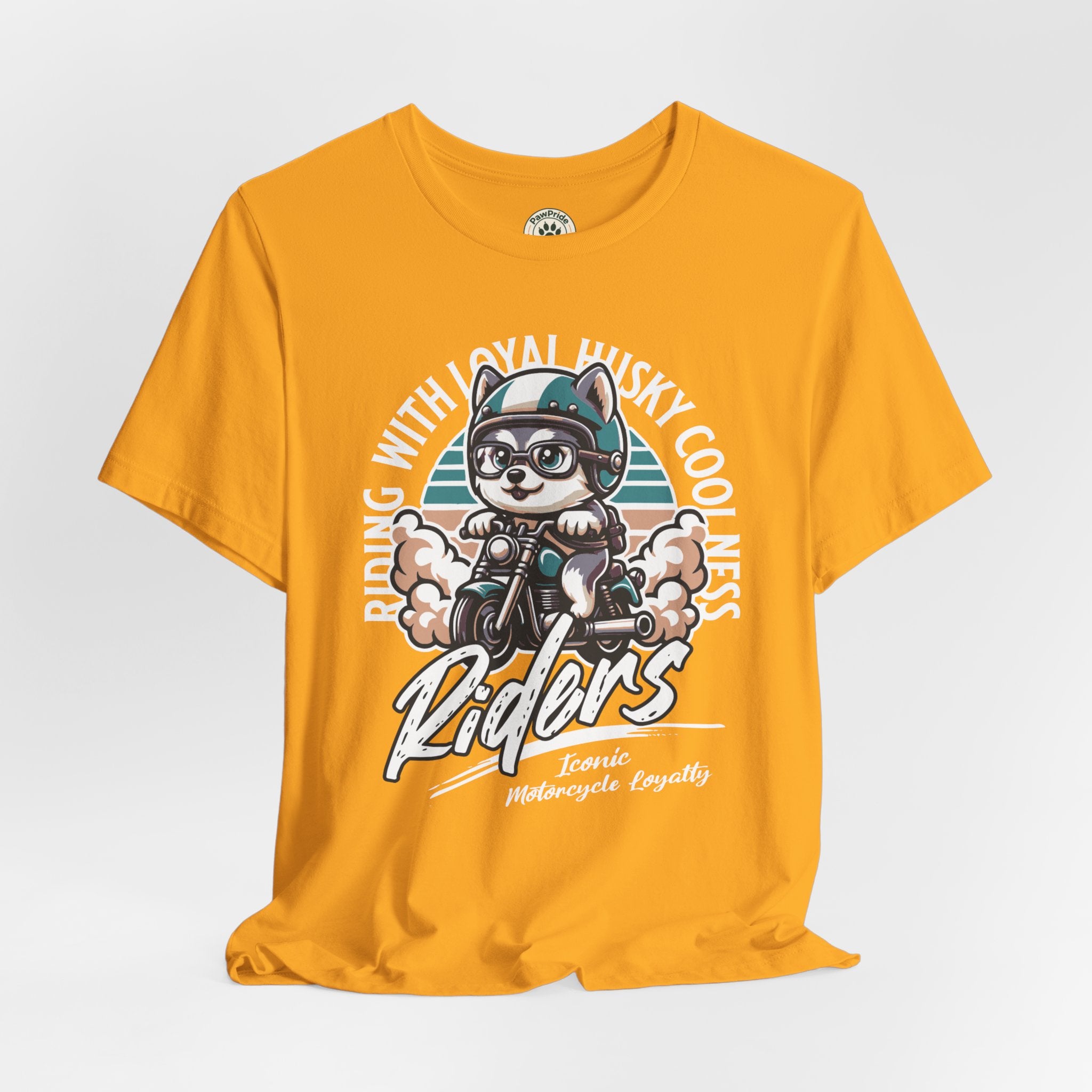 Riders Cat Motorcycle Tee — "Riding With Loyal Husky Coolness" Graphic Shirt