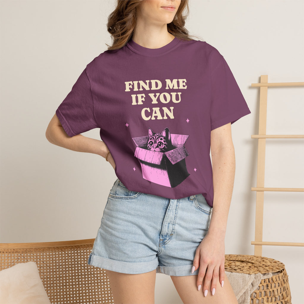 Find Me If You Can Cat T-Shirt — Playful Cat in Box Graphic Tee