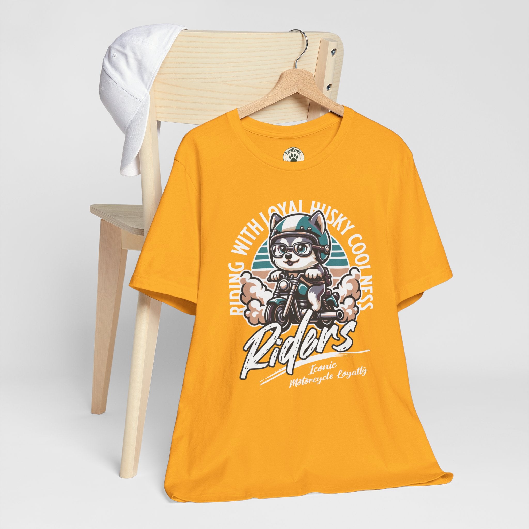 Riders Cat Motorcycle Tee — "Riding With Loyal Husky Coolness" Graphic Shirt