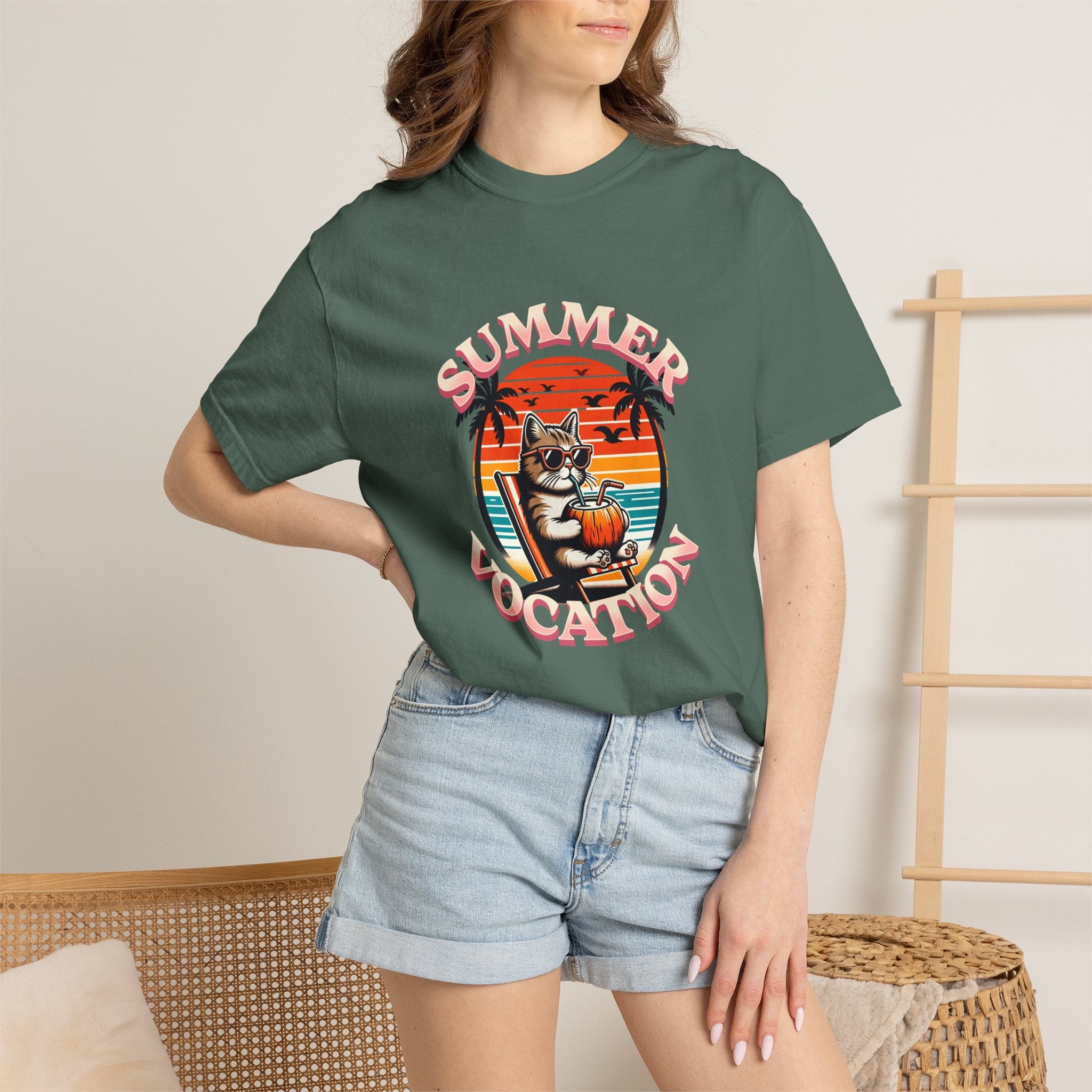Summer Vacation T‑Shirt — Retro Cat on Beach Graphic