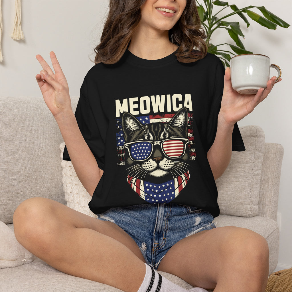Meowica Cat T-Shirt — Patriotic American Flag Kitty Graphic Tee