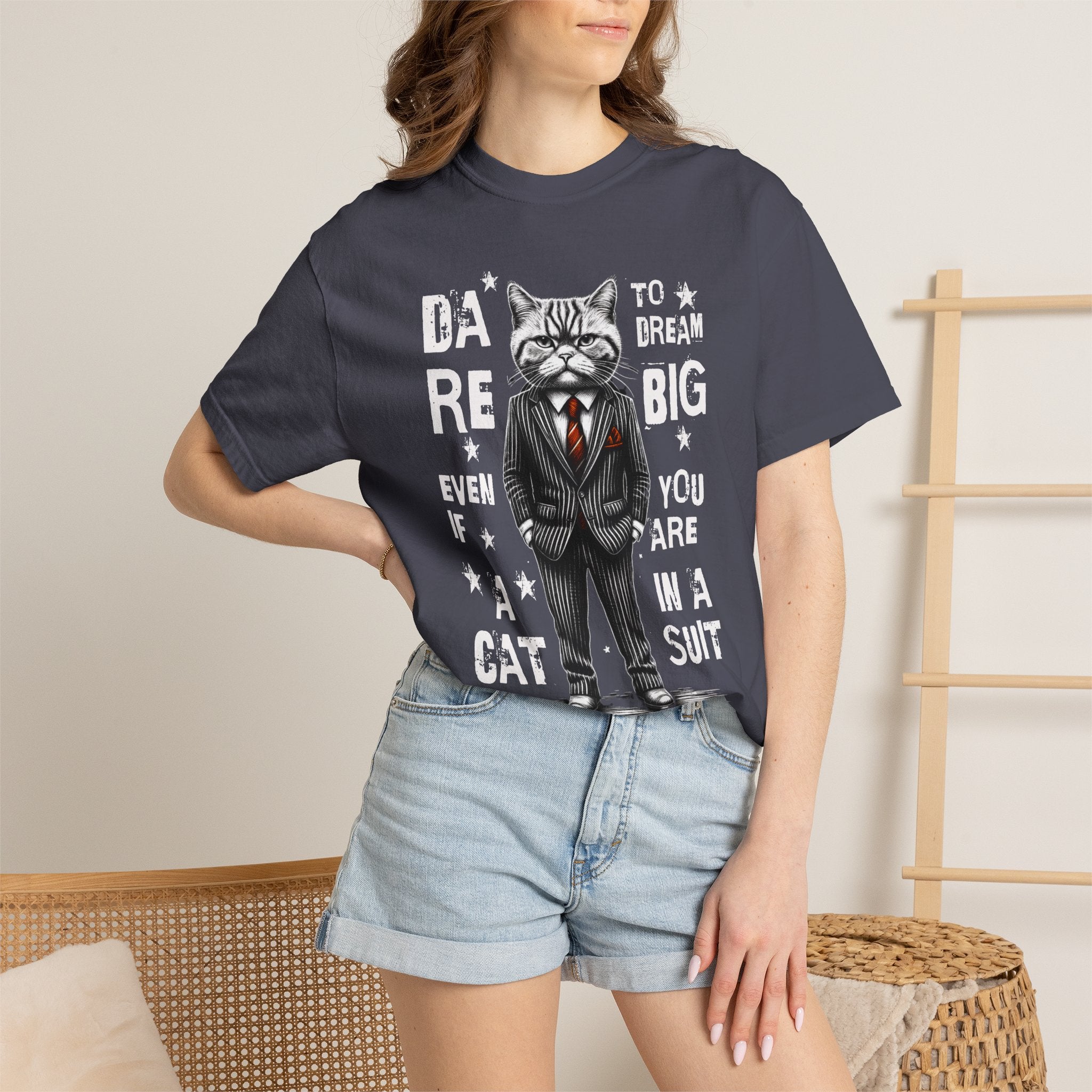 Cat in a Suit T-Shirt — "Dare to Dream Big Even If You Are a Cat" Motivational Tee