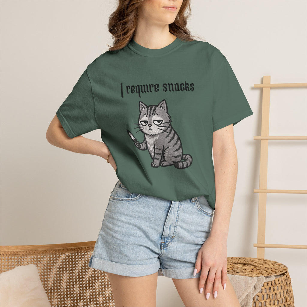 I Require Snacks Cat T‑Shirt — Cute Grumpy Kitty Graphic Tee