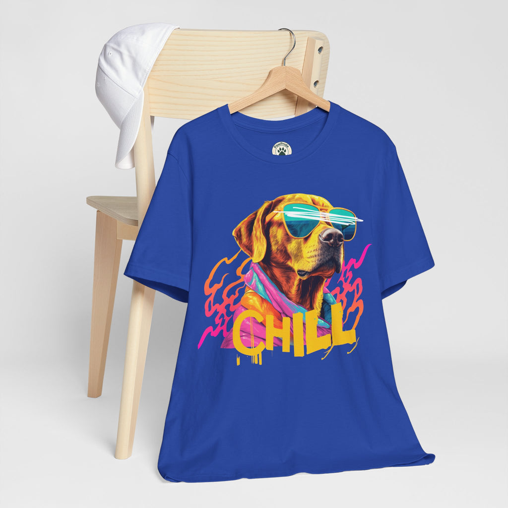 Chill Sunglasses Dog Tee — Retro Neon “CHILL” Graphic T-Shirt