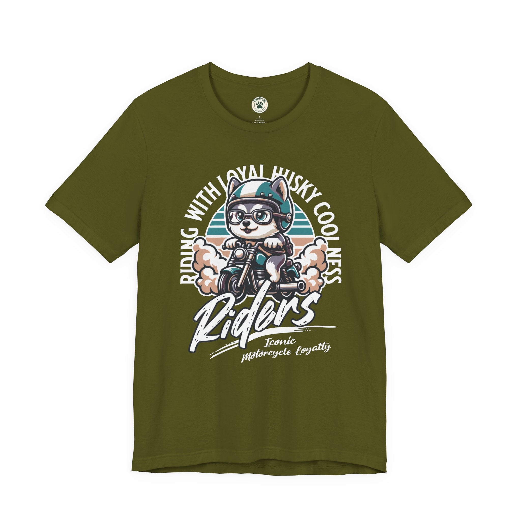 Riders Cat Motorcycle Tee — "Riding With Loyal Husky Coolness" Graphic Shirt
