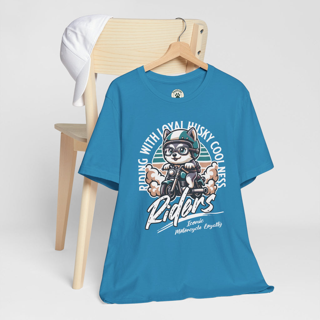 Riders Cat Motorcycle Tee — "Riding With Loyal Husky Coolness" Graphic Shirt