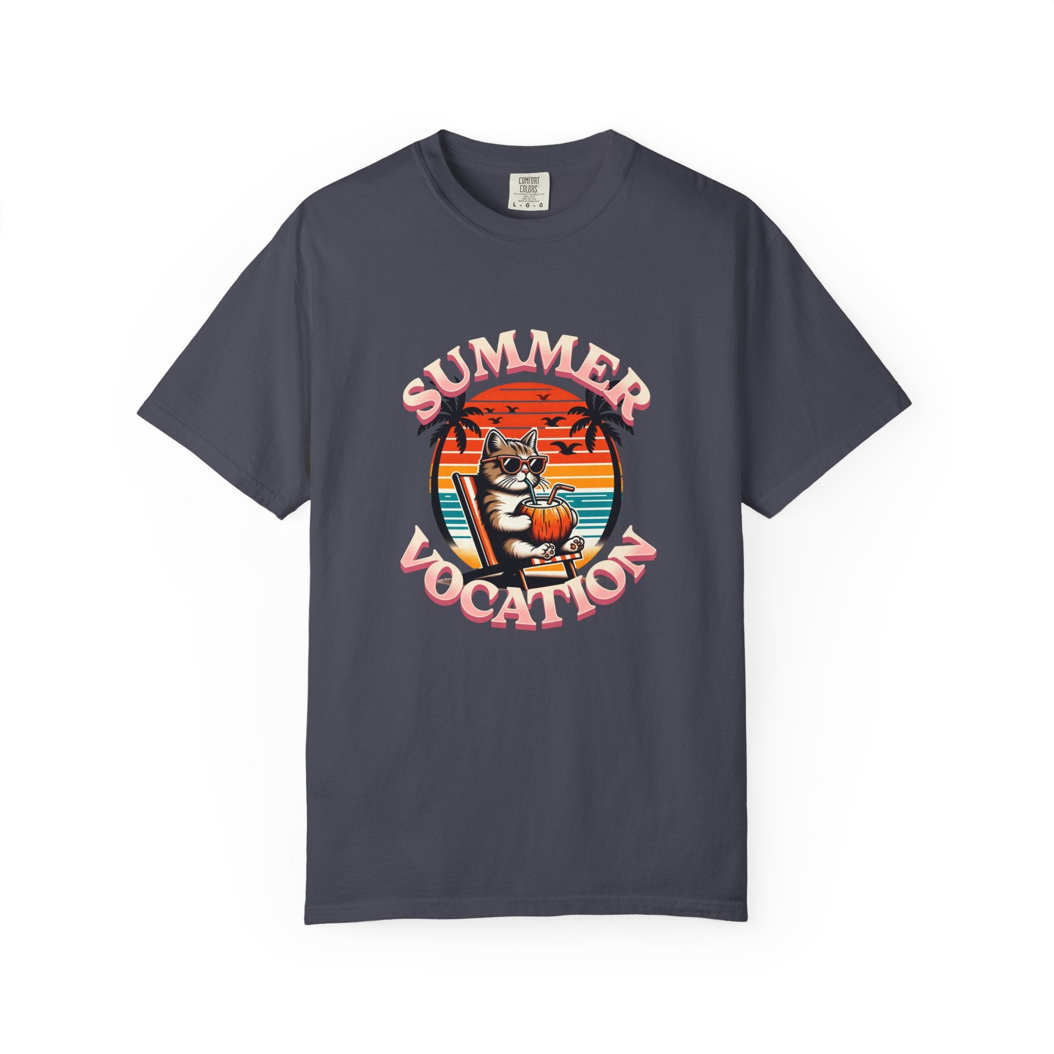 Summer Vacation T‑Shirt — Retro Cat on Beach Graphic