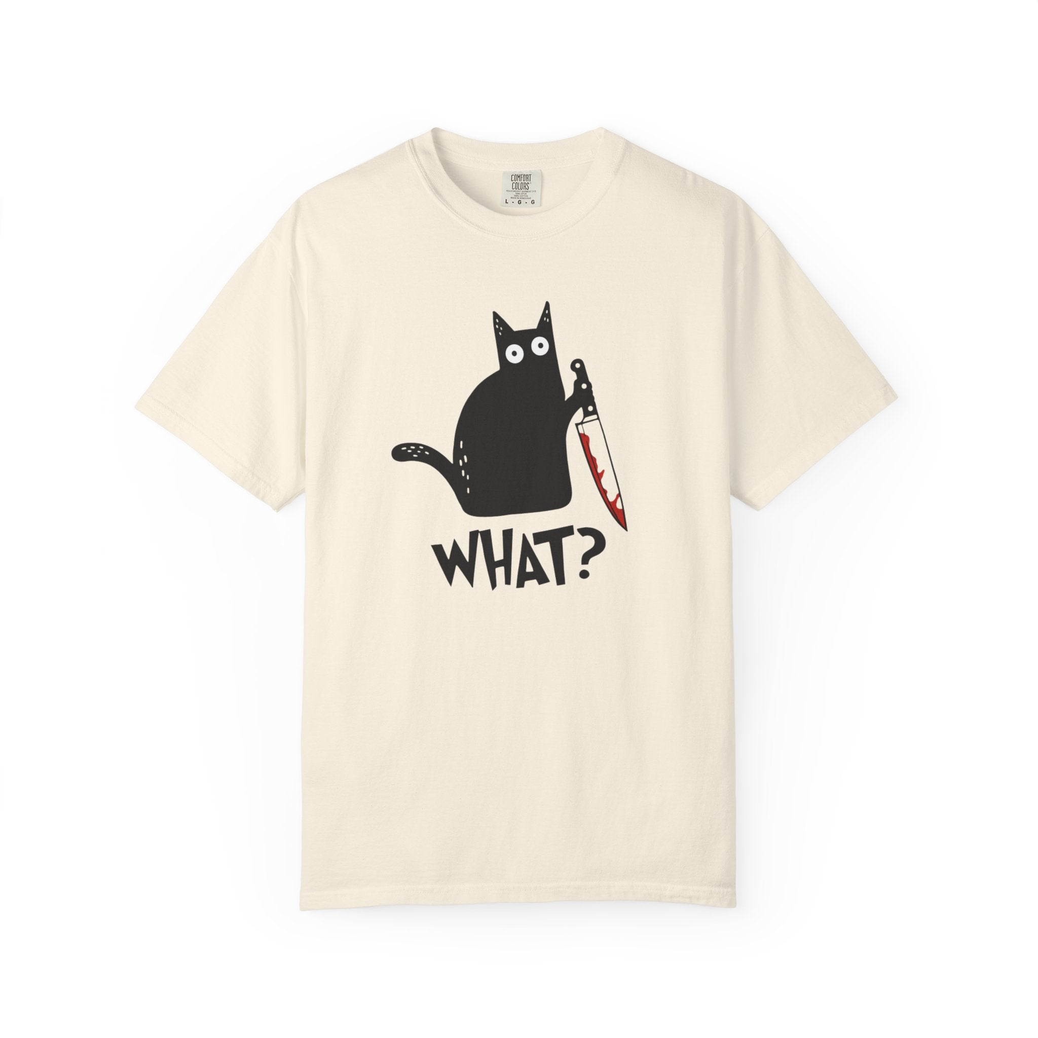 Funny Cat Holding Knife T-Shirt — "What?" Graphic Tee (Dark Humor, Halloween Gift)