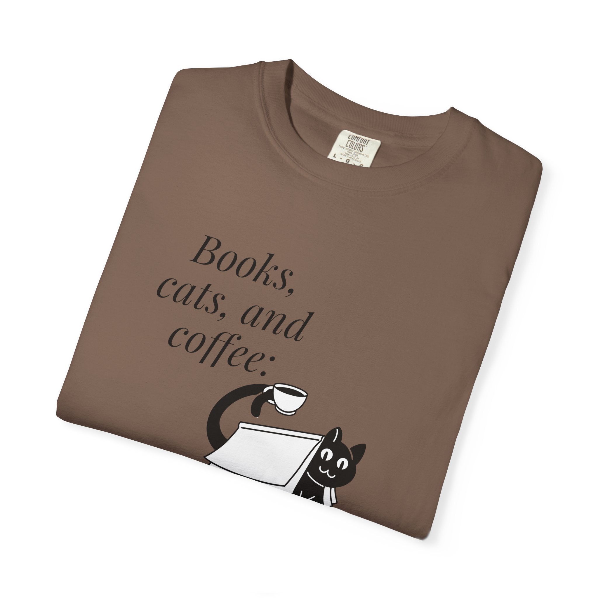 Books, Cats, and Coffee T-Shirt — "Perfect Trio" Cozy Reader Tee