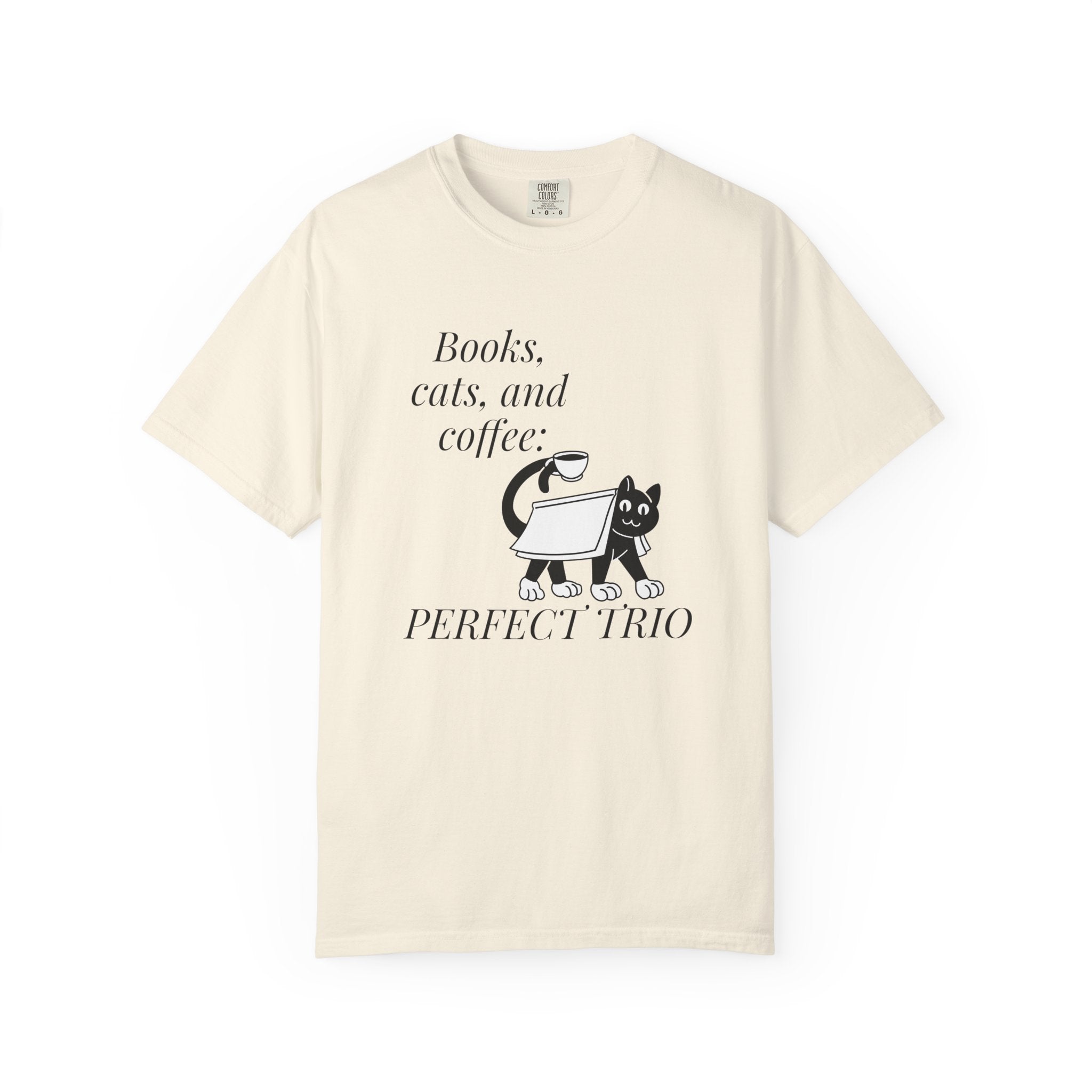 Books, Cats, and Coffee T-Shirt — "Perfect Trio" Cozy Reader Tee