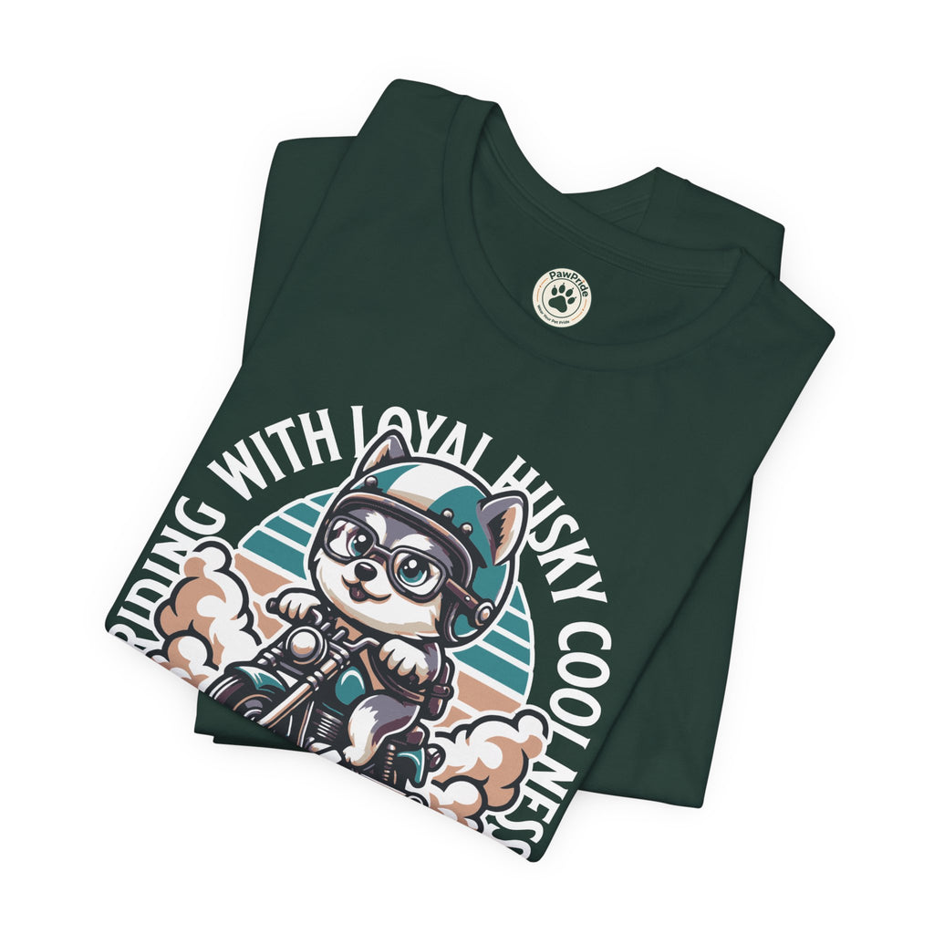 Riders Cat Motorcycle Tee — "Riding With Loyal Husky Coolness" Graphic Shirt