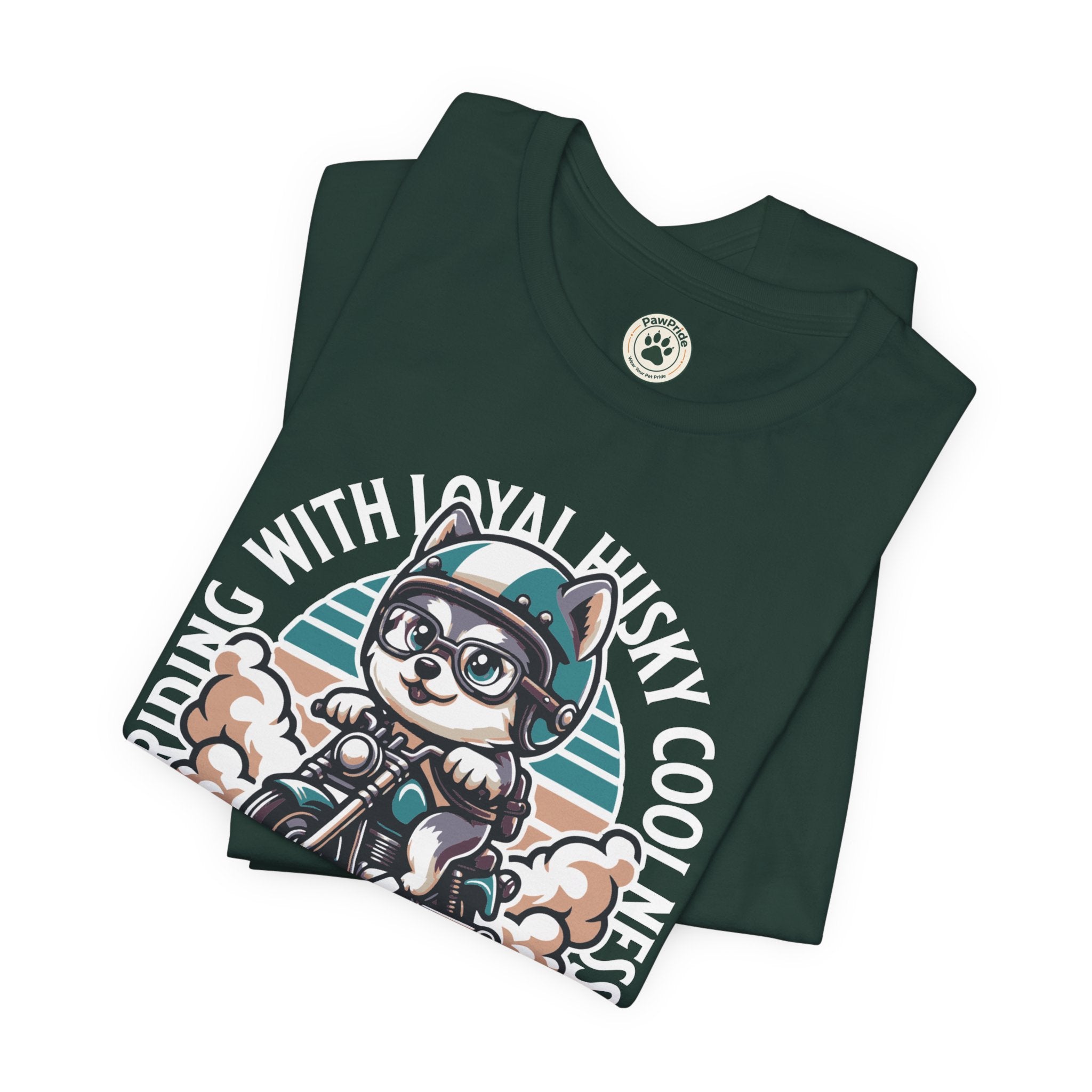 Riders Cat Motorcycle Tee — "Riding With Loyal Husky Coolness" Graphic Shirt