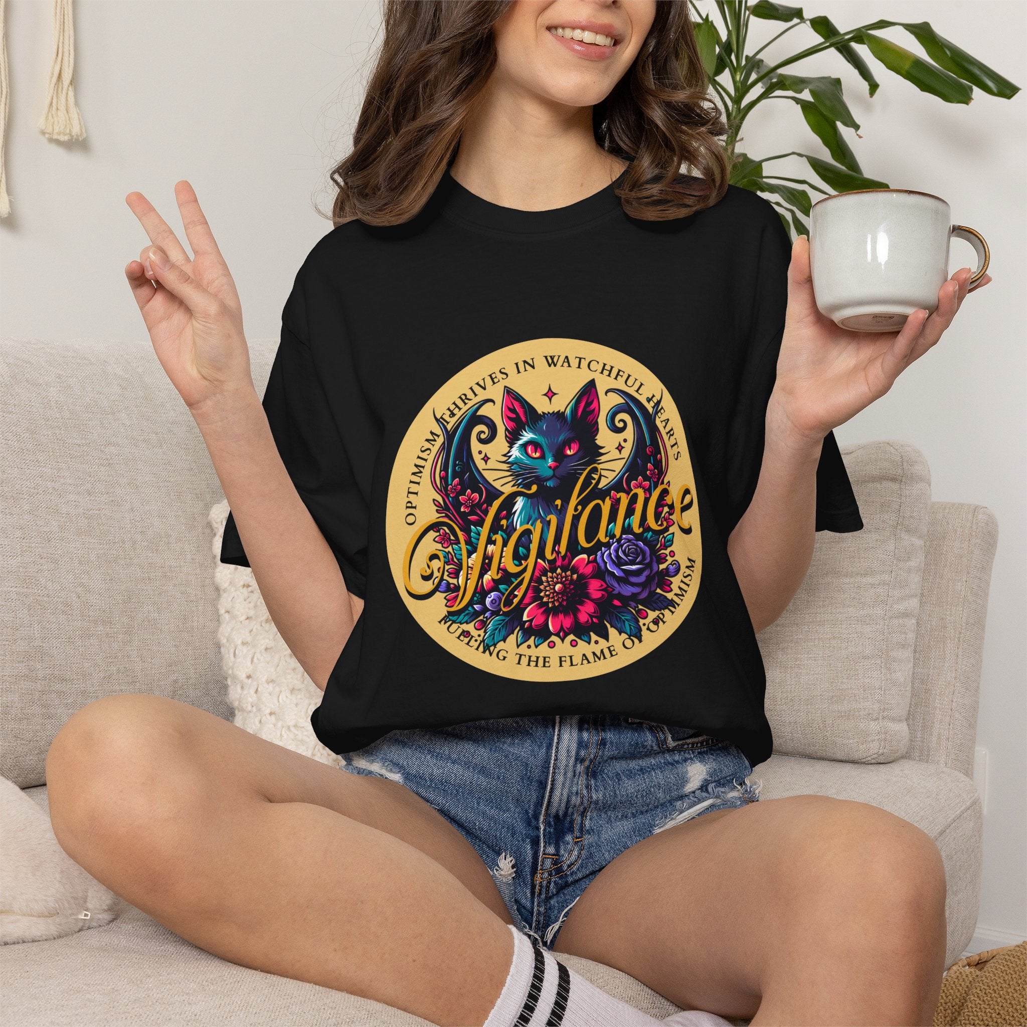 Vigilance Cat Graphic T-Shirt — Retro Floral Crest Tee