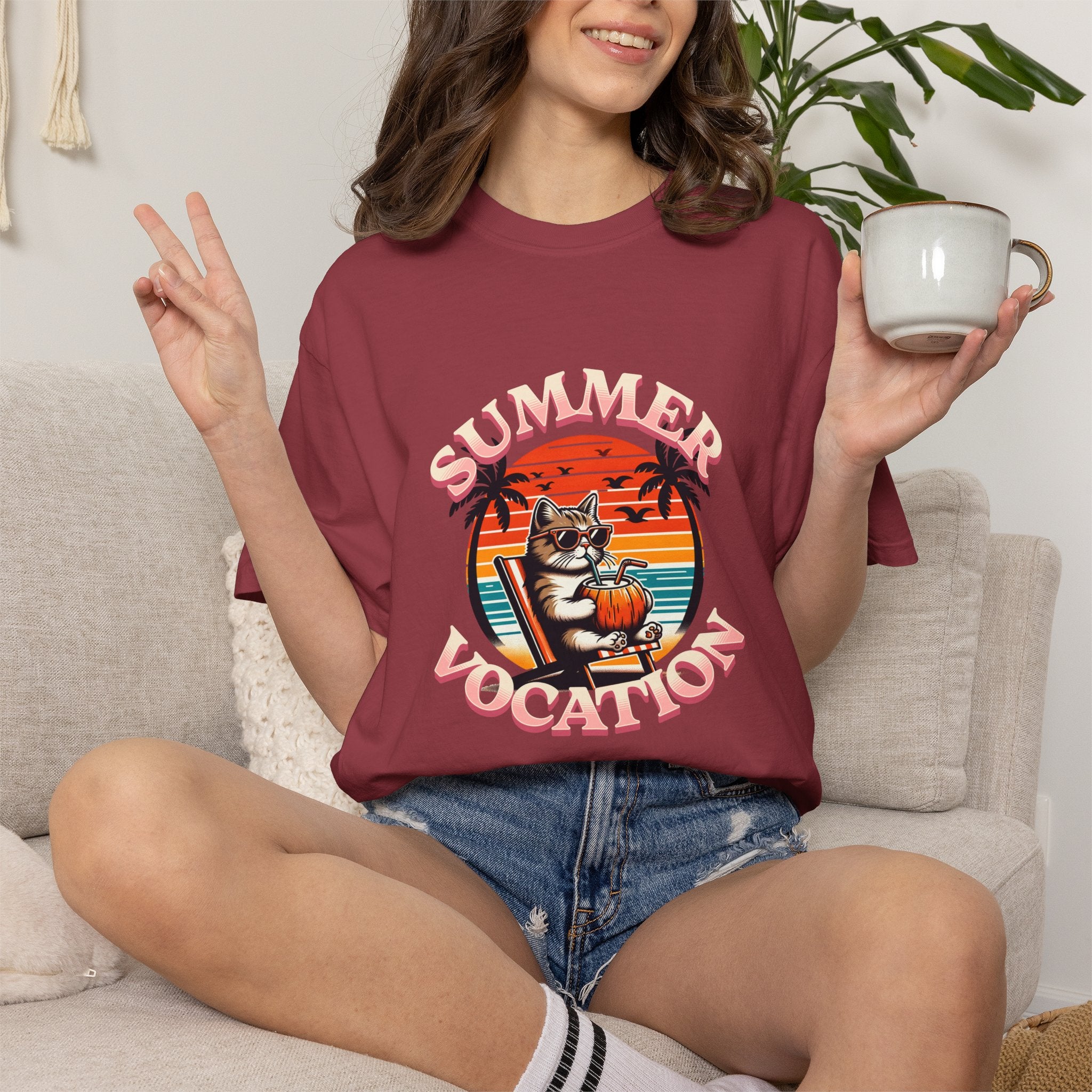 Summer Vacation T‑Shirt — Retro Cat on Beach Graphic
