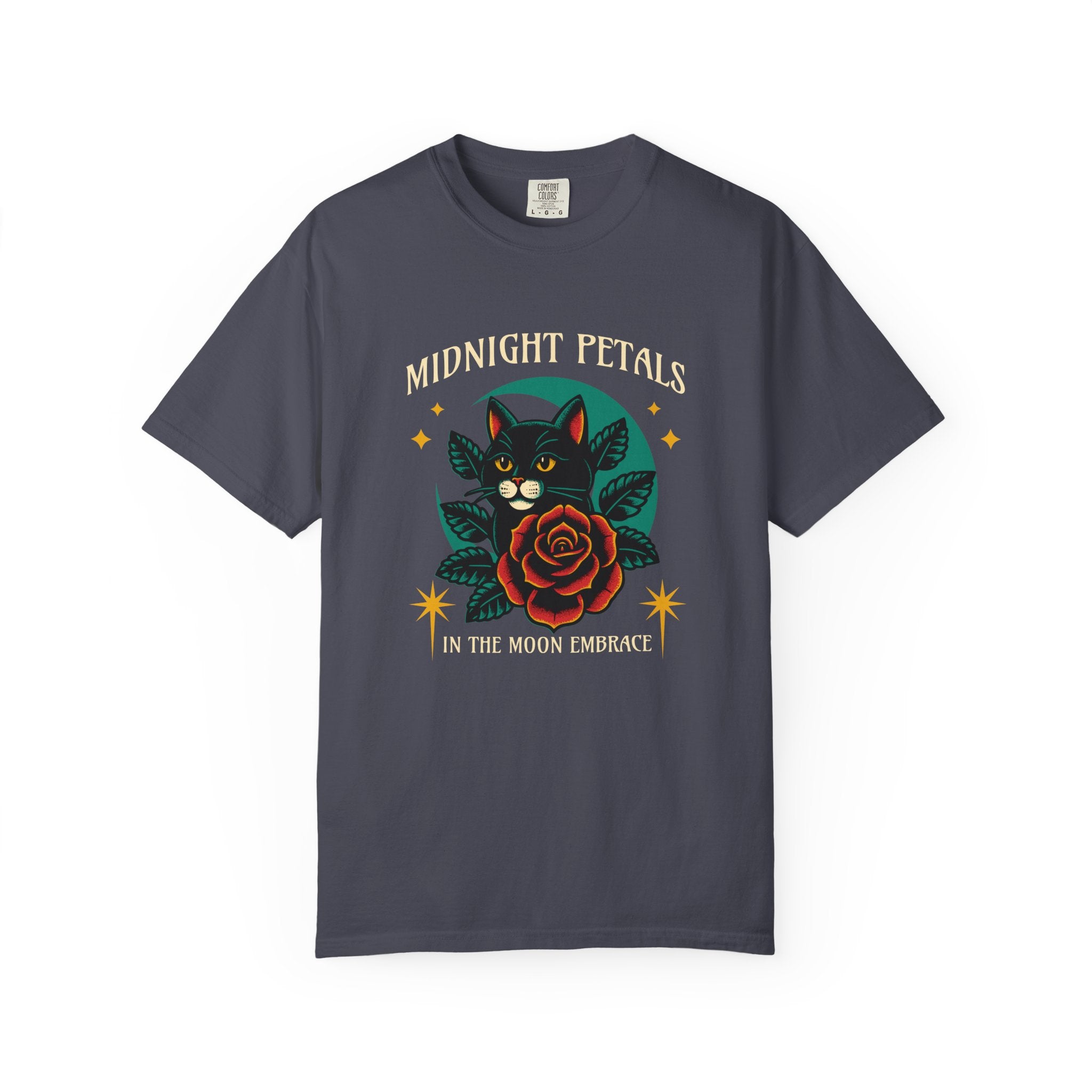 Midnight Petals Cat & Rose Tee — "Midnight Petals: In the Moon Embrace"