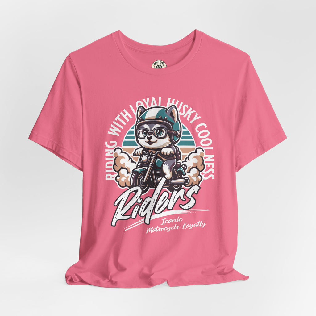 Riders Cat Motorcycle Tee — "Riding With Loyal Husky Coolness" Graphic Shirt