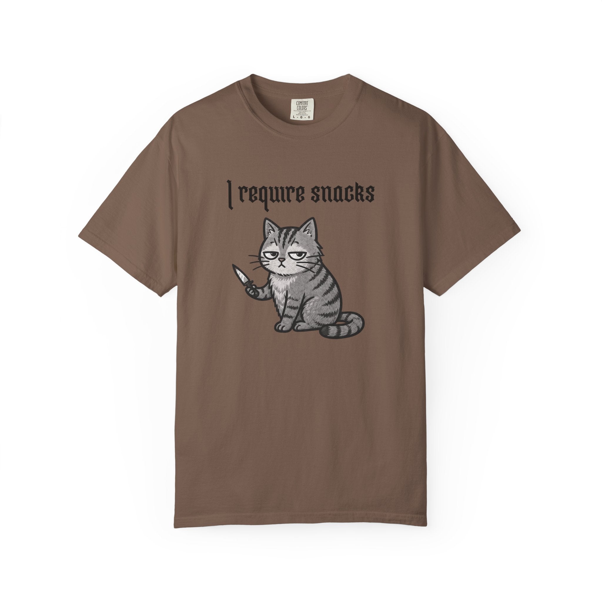 I Require Snacks Cat T‑Shirt — Cute Grumpy Kitty Graphic Tee