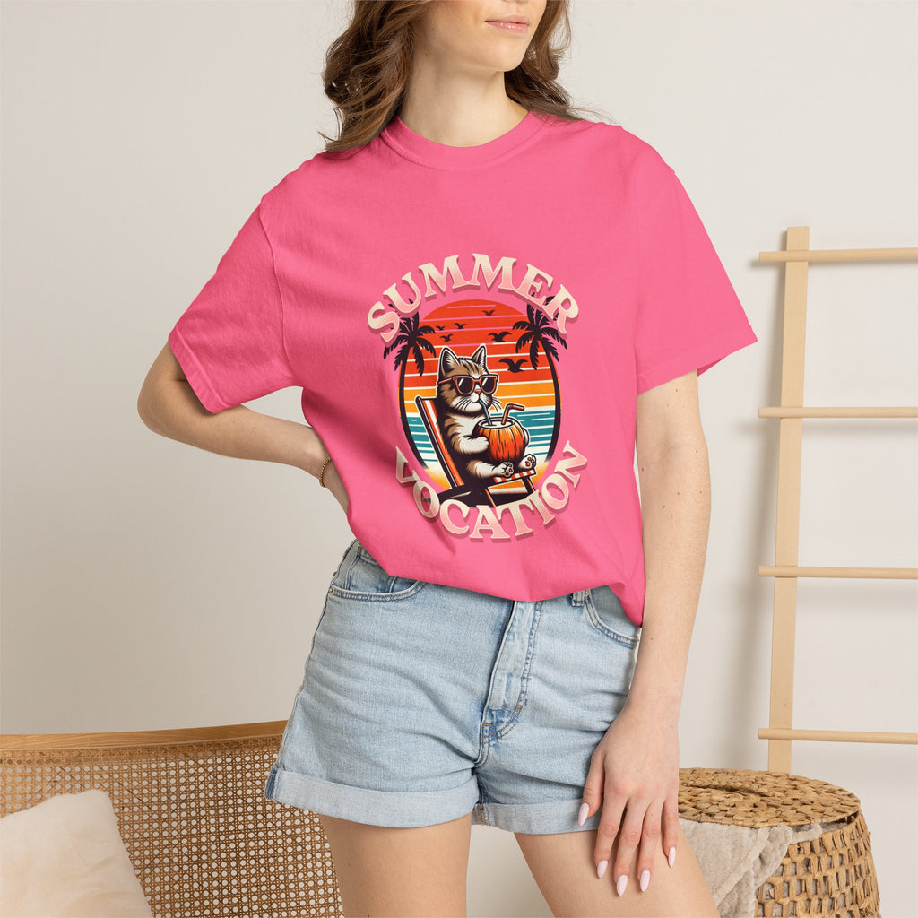 Summer Vacation T‑Shirt — Retro Cat on Beach Graphic