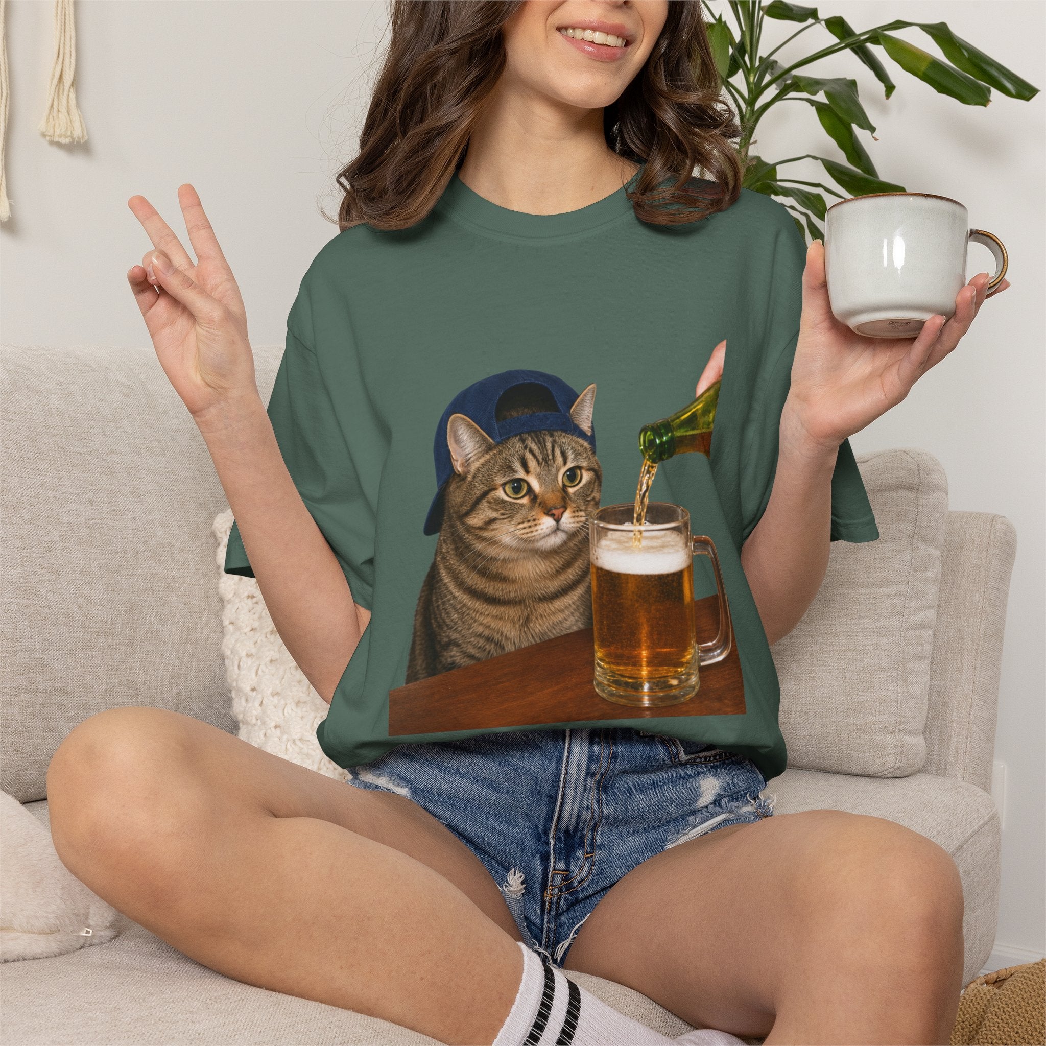 Cat With Beer T-Shirt — Funny Cat Drinking Beer Graphic Tee