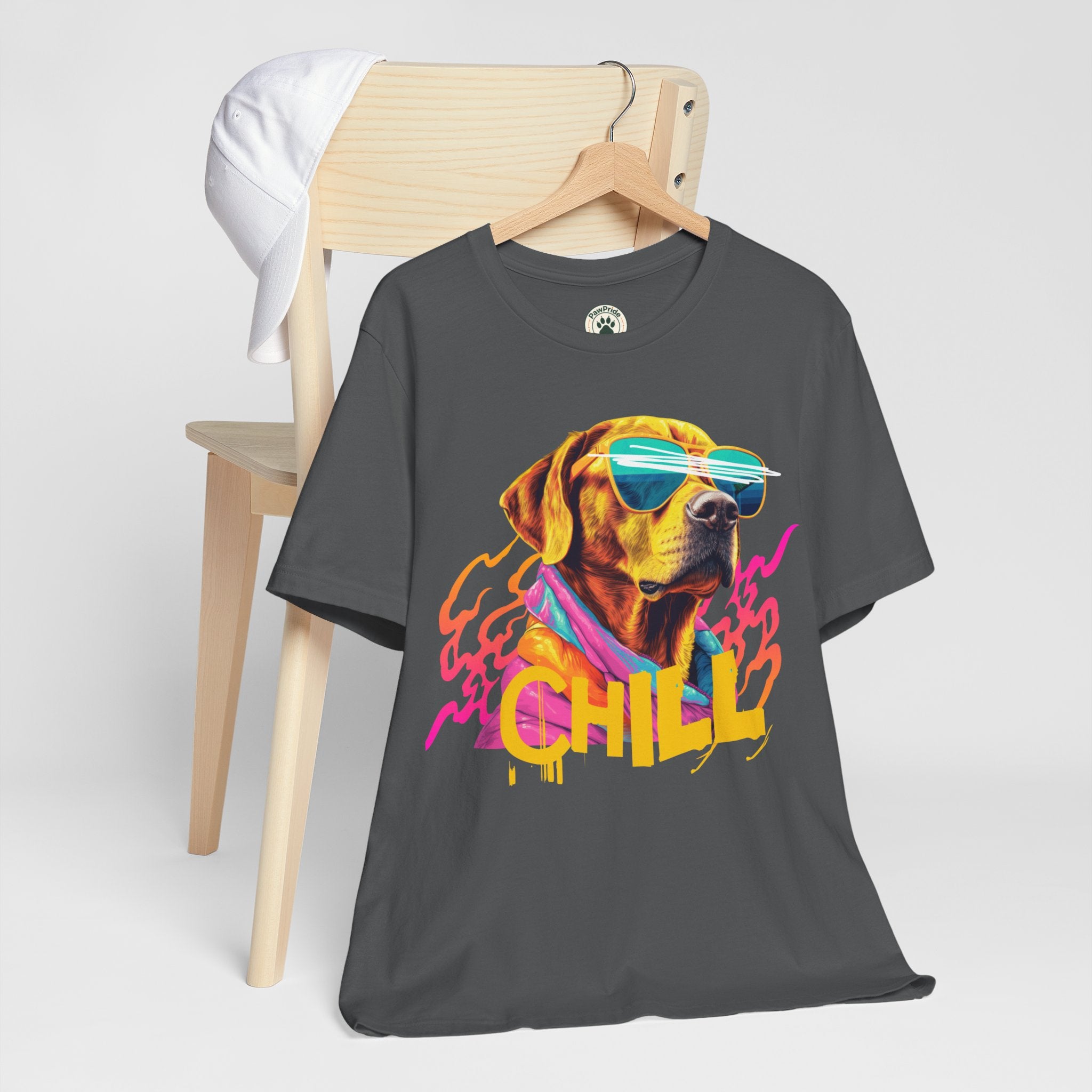 Chill Sunglasses Dog Tee — Retro Neon “CHILL” Graphic T-Shirt
