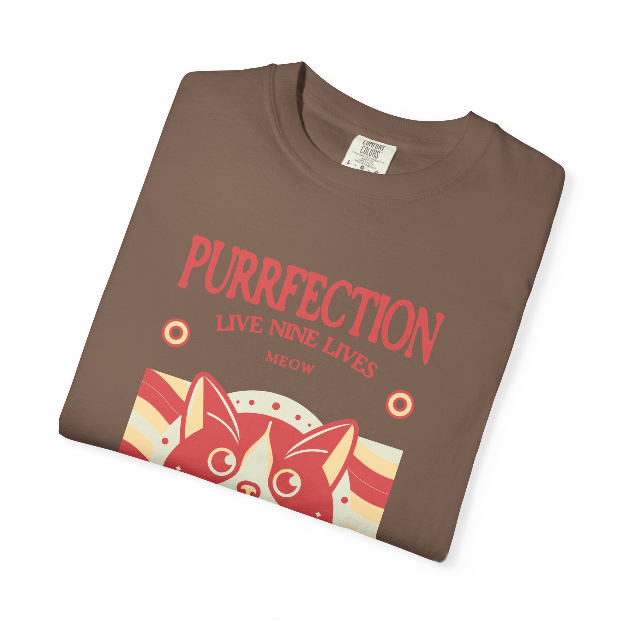 Purrfection Cat T-Shirt — "Purrfection Lives Nine Lives" Retro Cat Graphic Tee