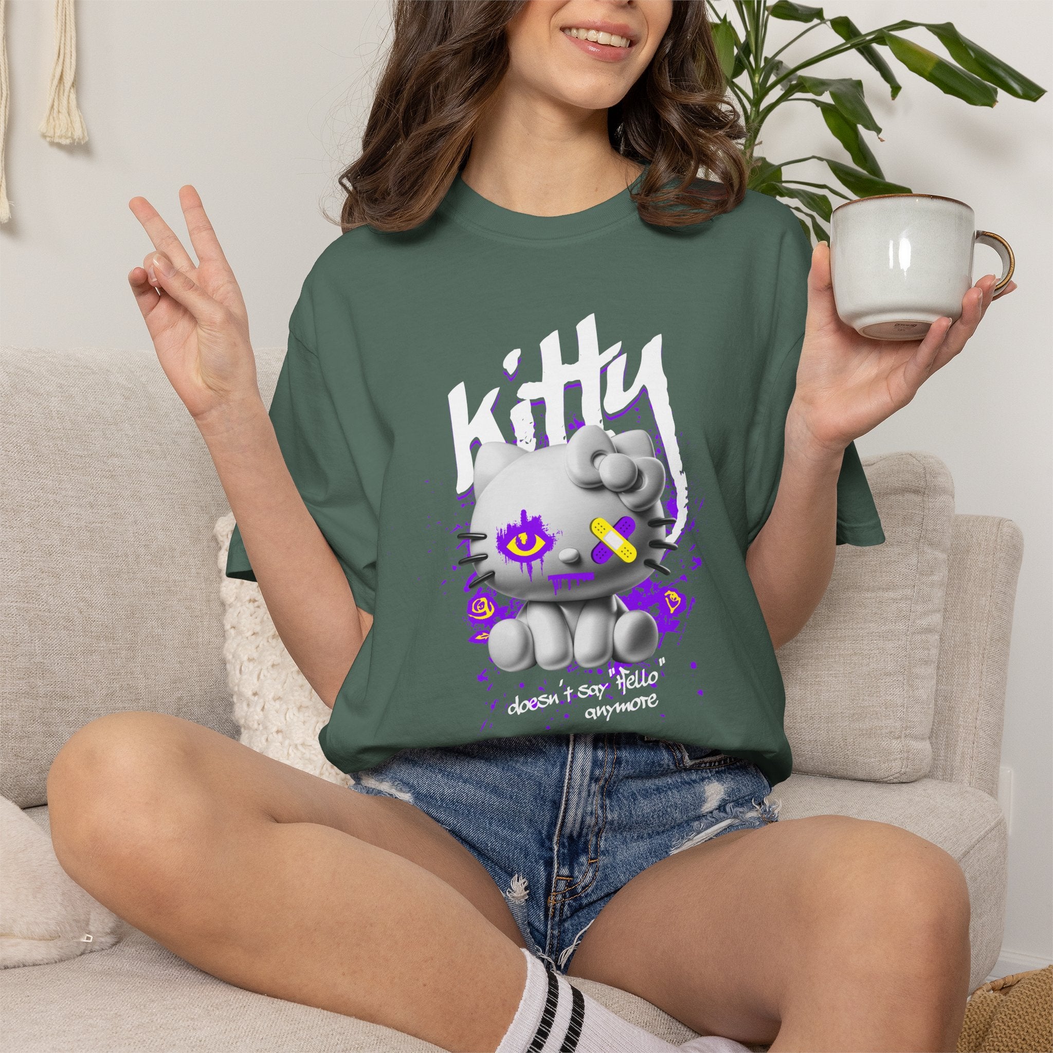 Kitty Cute Punk T-Shirt — 'doesn't say hello' Garment-Dyed Tee
