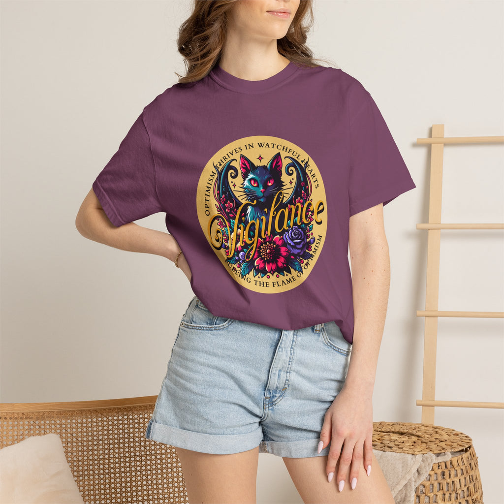 Vigilance Cat Graphic T-Shirt — Retro Floral Crest Tee