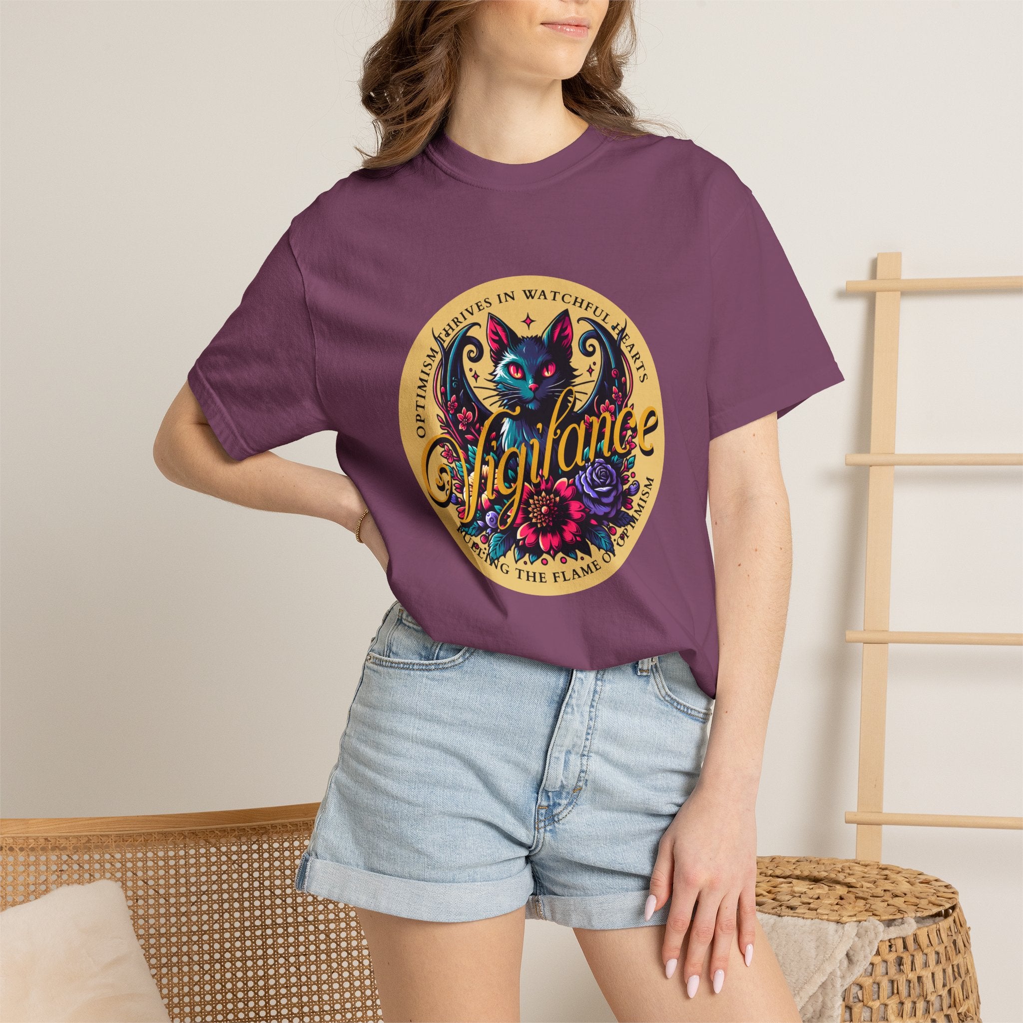 Vigilance Cat Graphic T-Shirt — Retro Floral Crest Tee