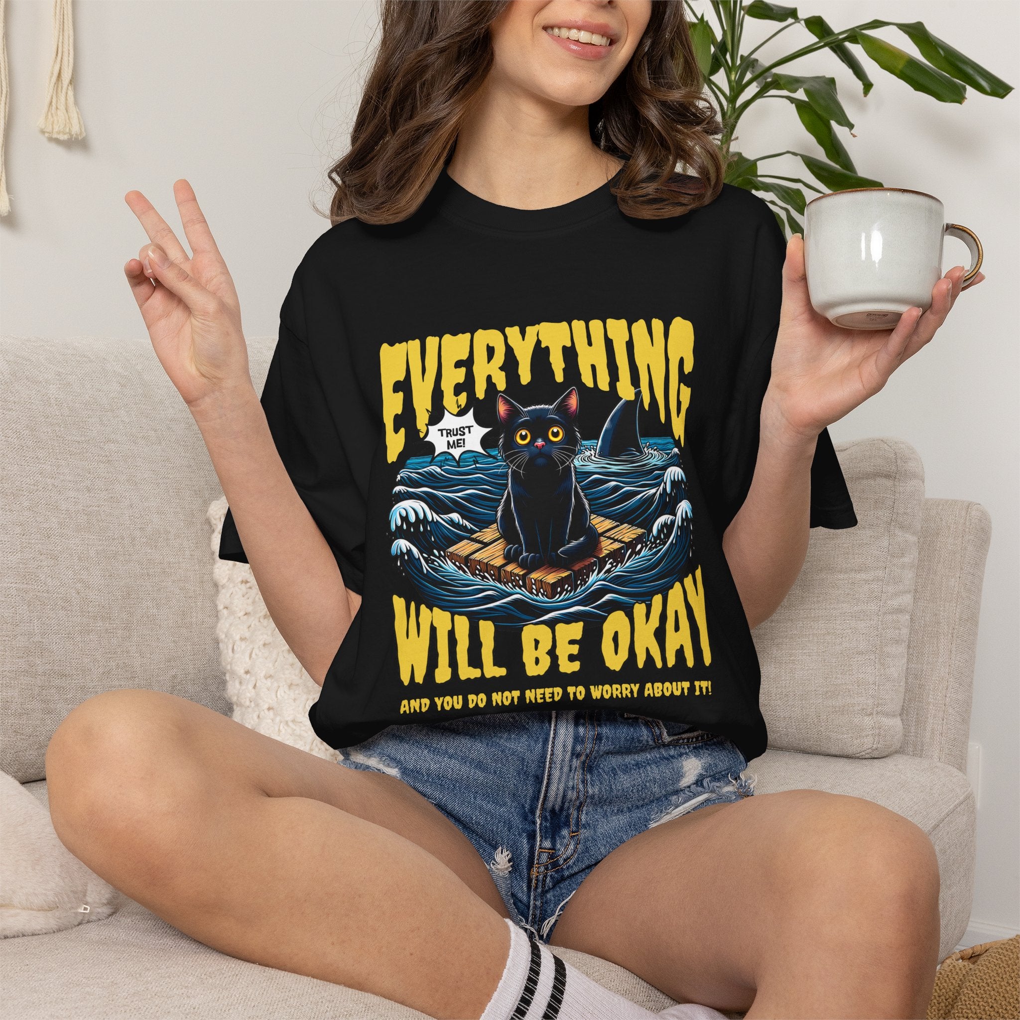 Everything Will Be Okay Cat Tee — Vintage Graphic Comfort Shirt