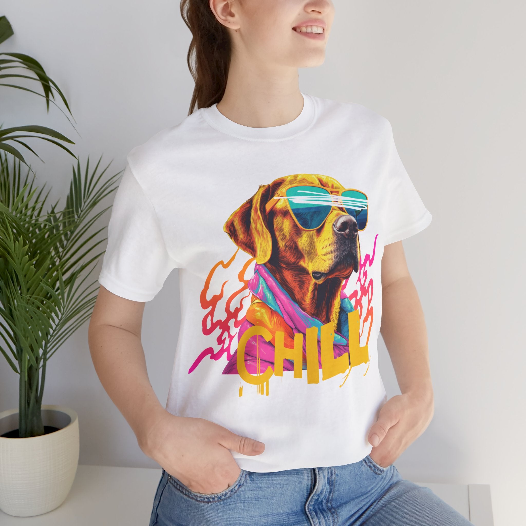 Chill Sunglasses Dog Tee — Retro Neon “CHILL” Graphic T-Shirt